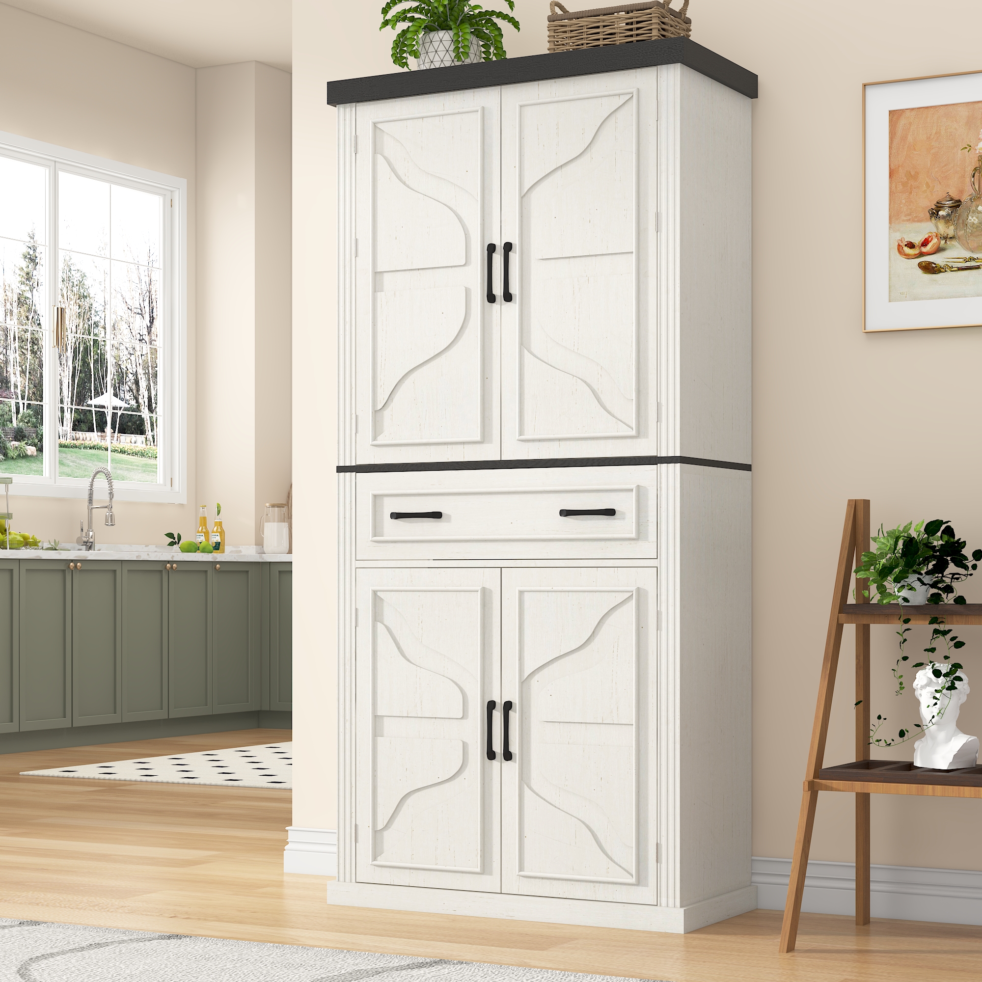 ChVans 72" Tall Kitchen Pantry, Farmhouse Storage Cabinet with Barn Doors, Organizer, Drawer and Adjustable Shelves, Rustic Wood Cupboard for Kitchen, Dining Room