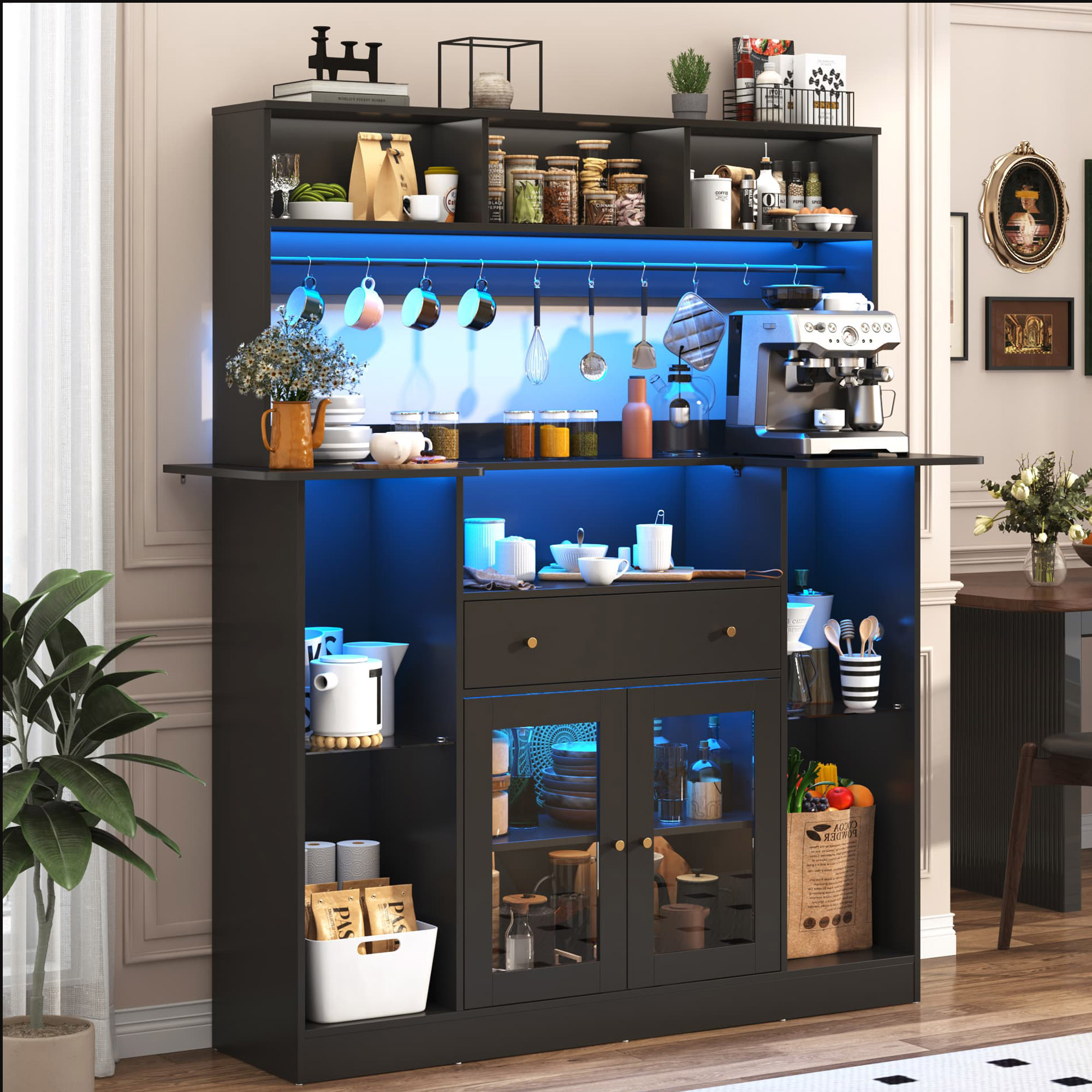70"H LED Coffee Bar Cabinet & 10 Tier Storage & Glass Door & 10 Hooks, Large Bar Table Cabinet with Drawers, Crescent Shaped Counter for Home Pub