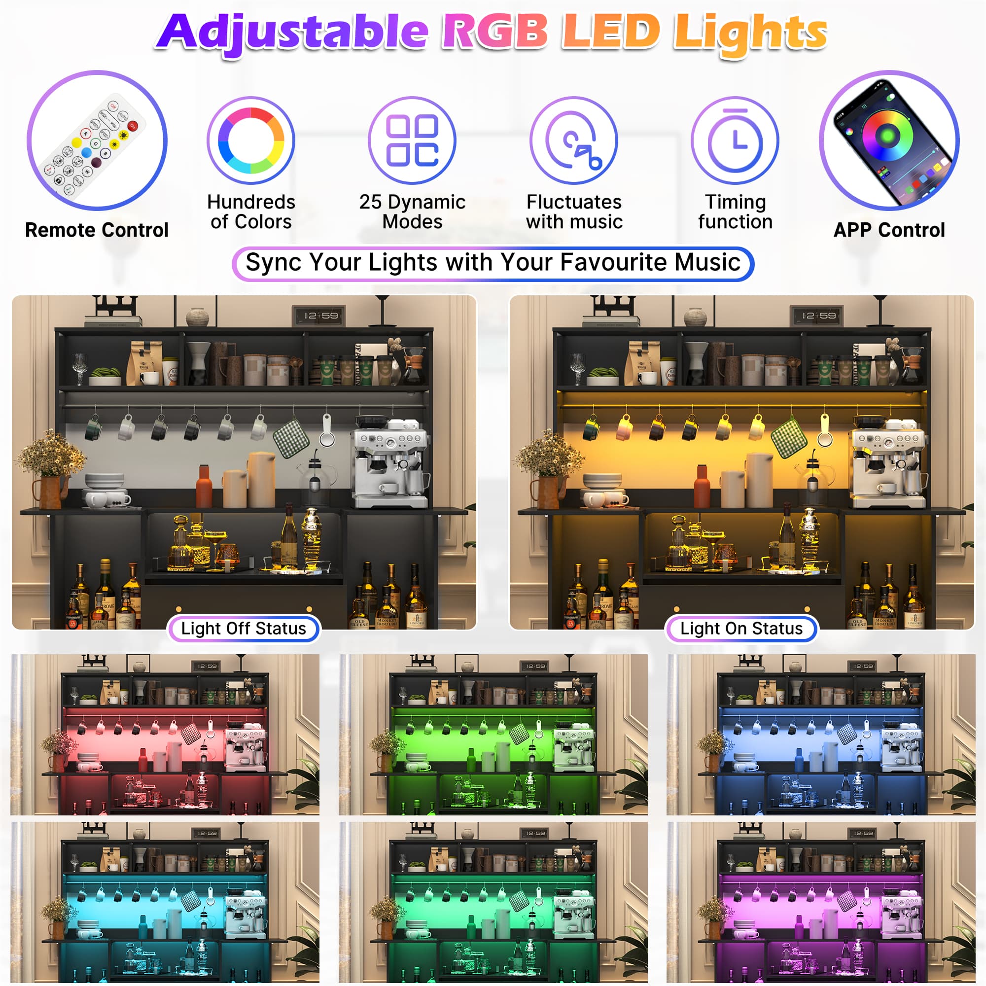 70"H LED Coffee Bar Cabinet & 10 Tier Storage & Glass Door & 10 Hooks, Large Bar Table Cabinet with Drawers, Crescent Shaped Counter for Home Pub
