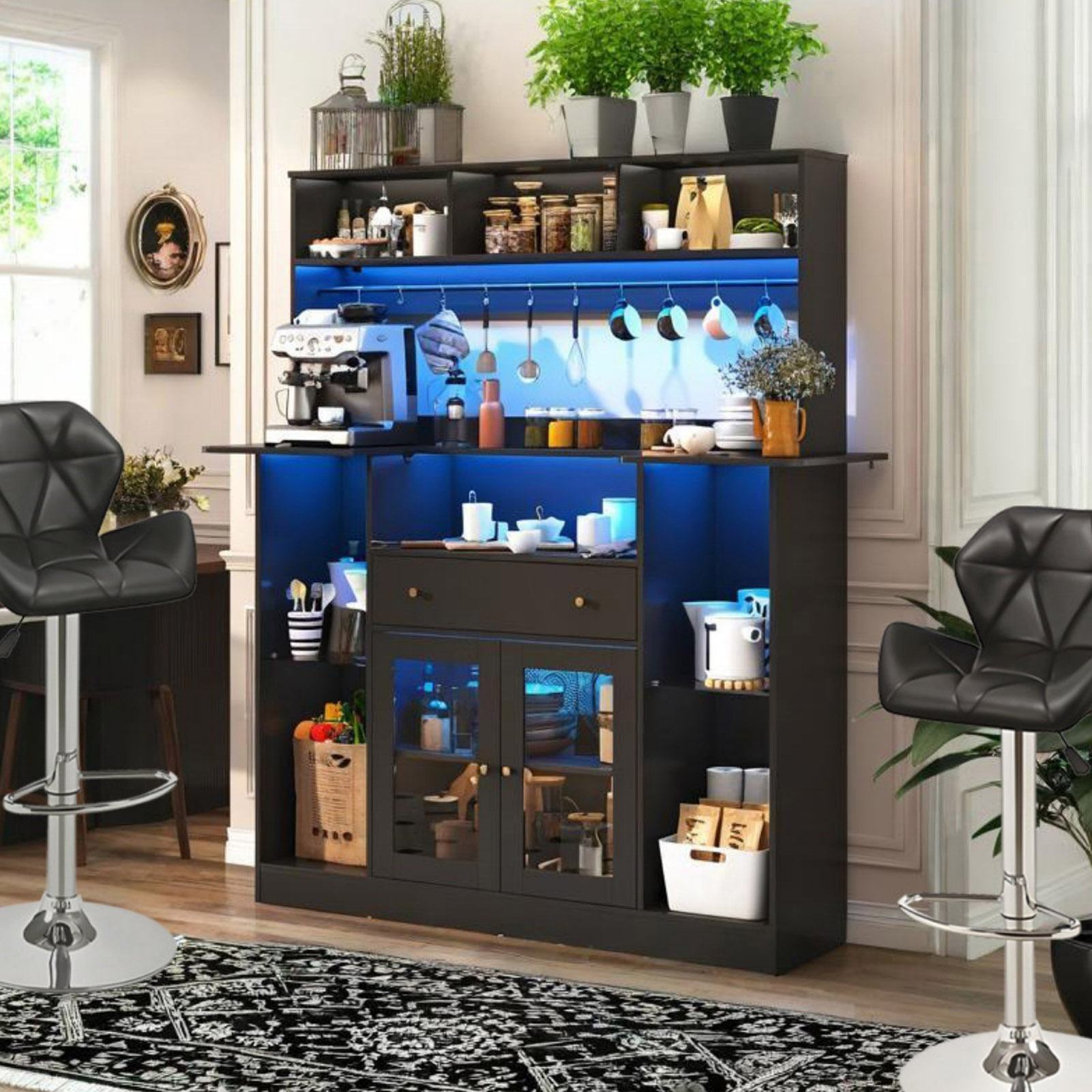 70"H LED Coffee Bar Cabinet & 10 Tier Storage & Glass Door & 10 Hooks, Large Bar Table Cabinet with Drawers, Crescent Shaped Counter for Home Pub