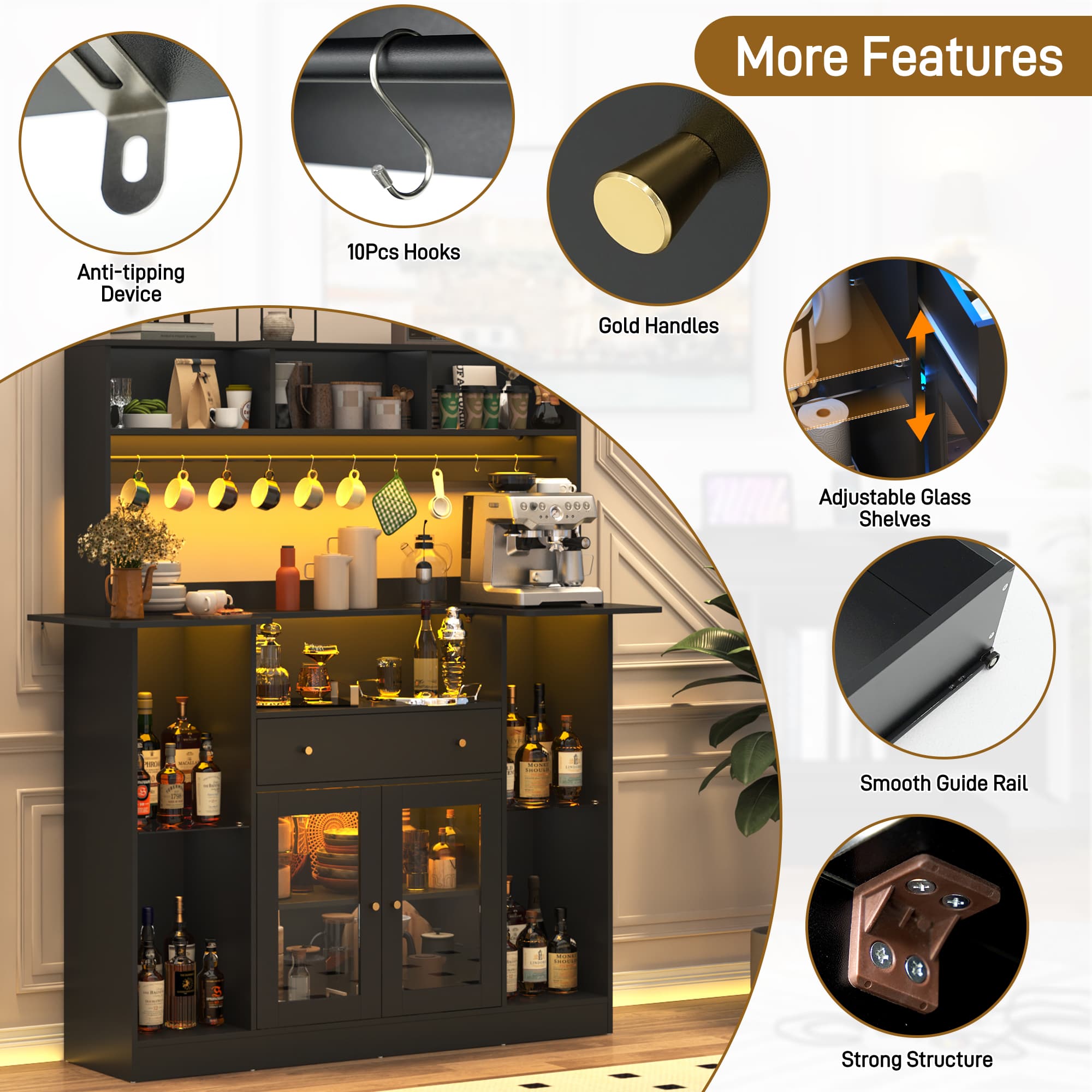 70"H LED Coffee Bar Cabinet & 10 Tier Storage & Glass Door & 10 Hooks, Large Bar Table Cabinet with Drawers, Crescent Shaped Counter for Home Pub