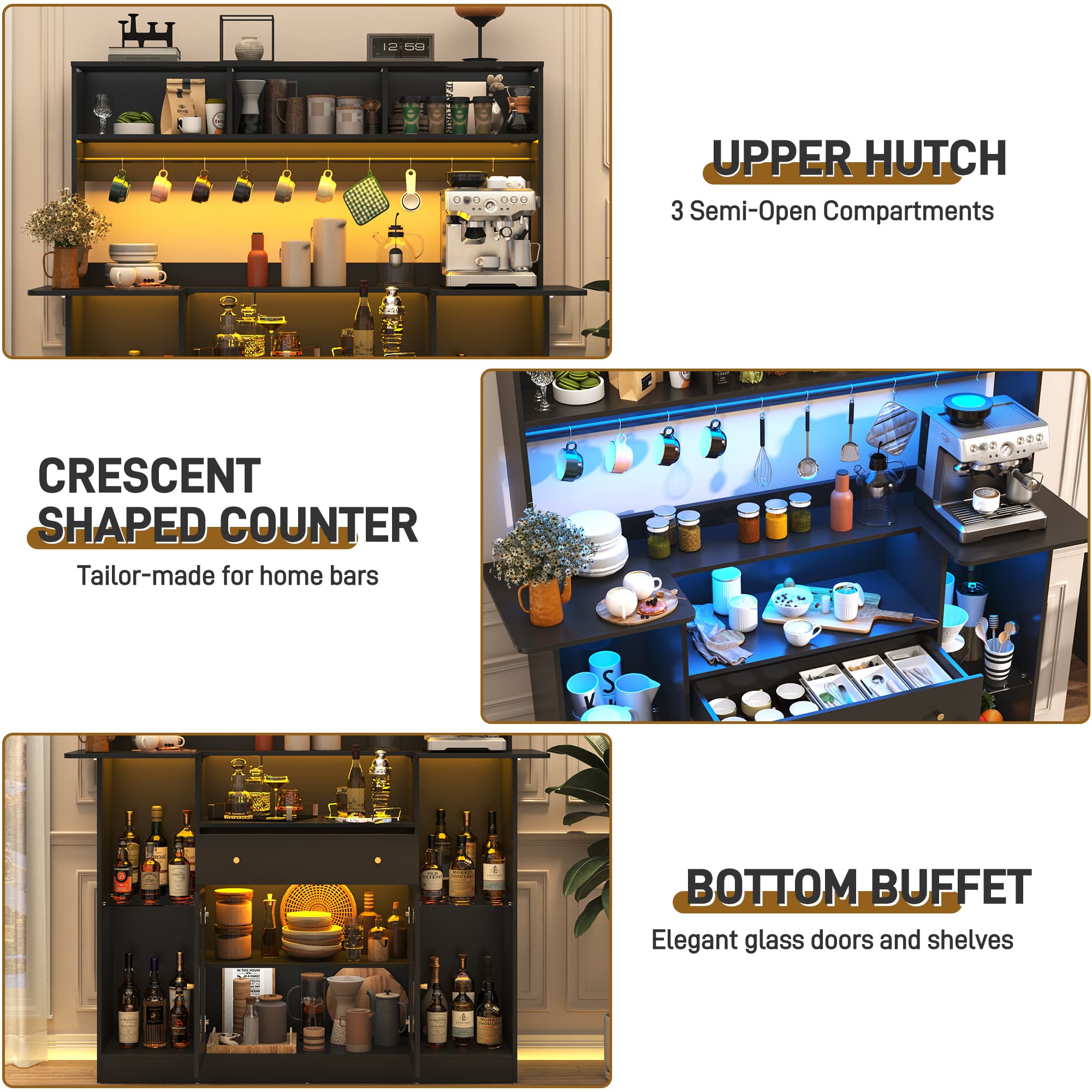 70"H LED Coffee Bar Cabinet & 10 Tier Storage & Glass Door & 10 Hooks, Large Bar Table Cabinet with Drawers, Crescent Shaped Counter for Home Pub