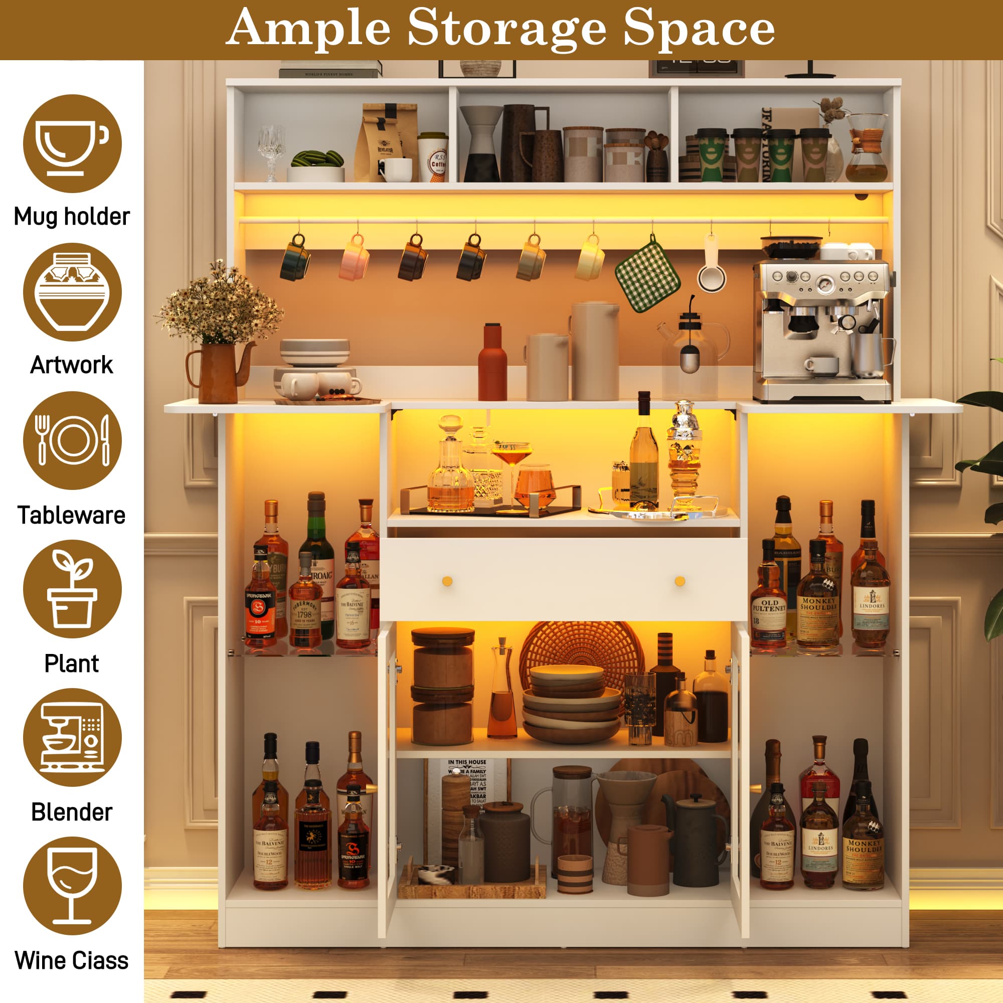 70"H LED Coffee Bar Cabinet & 10 Tier Storage & Glass Door & 10 Hooks, Large Bar Table Cabinet with Drawers, Crescent Shaped Counter for Home Pub