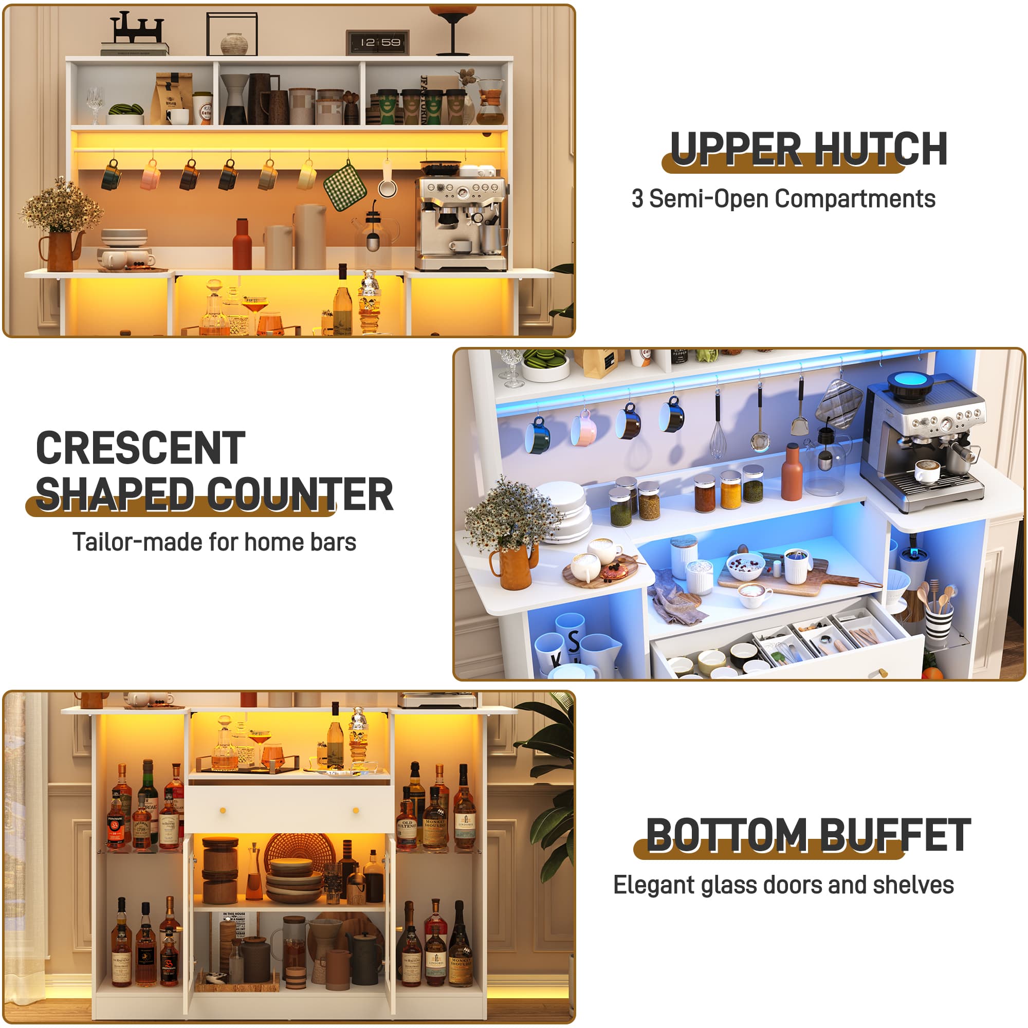 70"H LED Coffee Bar Cabinet & 10 Tier Storage & Glass Door & 10 Hooks, Large Bar Table Cabinet with Drawers, Crescent Shaped Counter for Home Pub