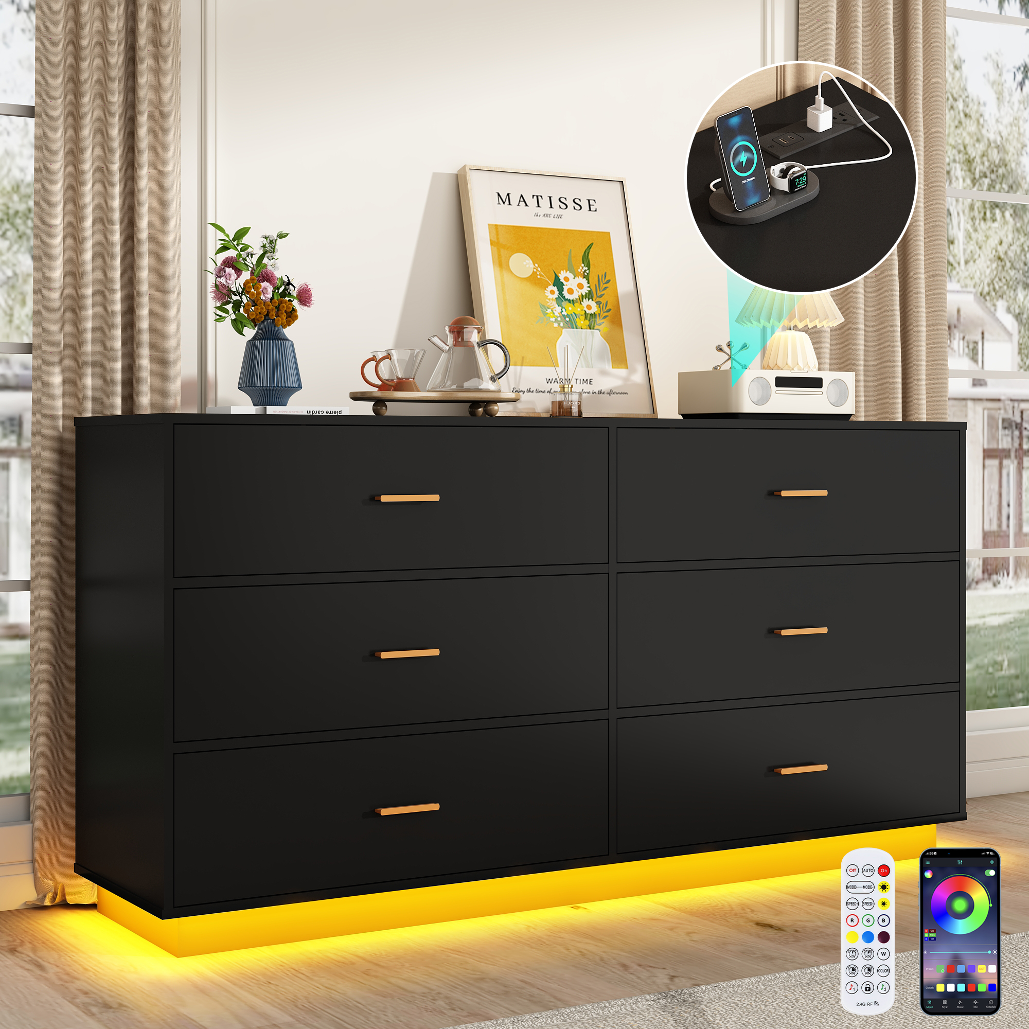 ChVans 6 Drawer Dressers with 60000-color LED Lights & Power Outlet, 59'' Long Modern Chest of Drawers for Closet, Wide Drawer Organizer Cabinet for Bedroom, Living Room, Entryway, Hallway