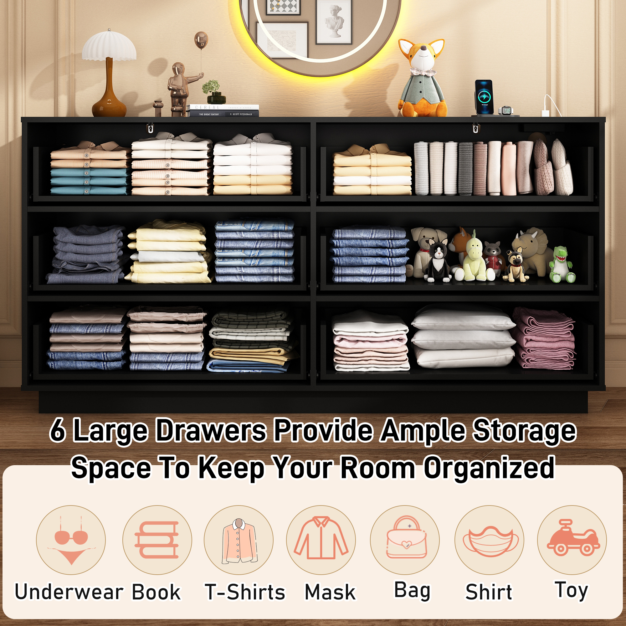 ChVans 6 Drawer Dressers with 60000-color LED Lights & Power Outlet, 59'' Long Modern Chest of Drawers for Closet, Wide Drawer Organizer Cabinet for Bedroom, Living Room, Entryway, Hallway