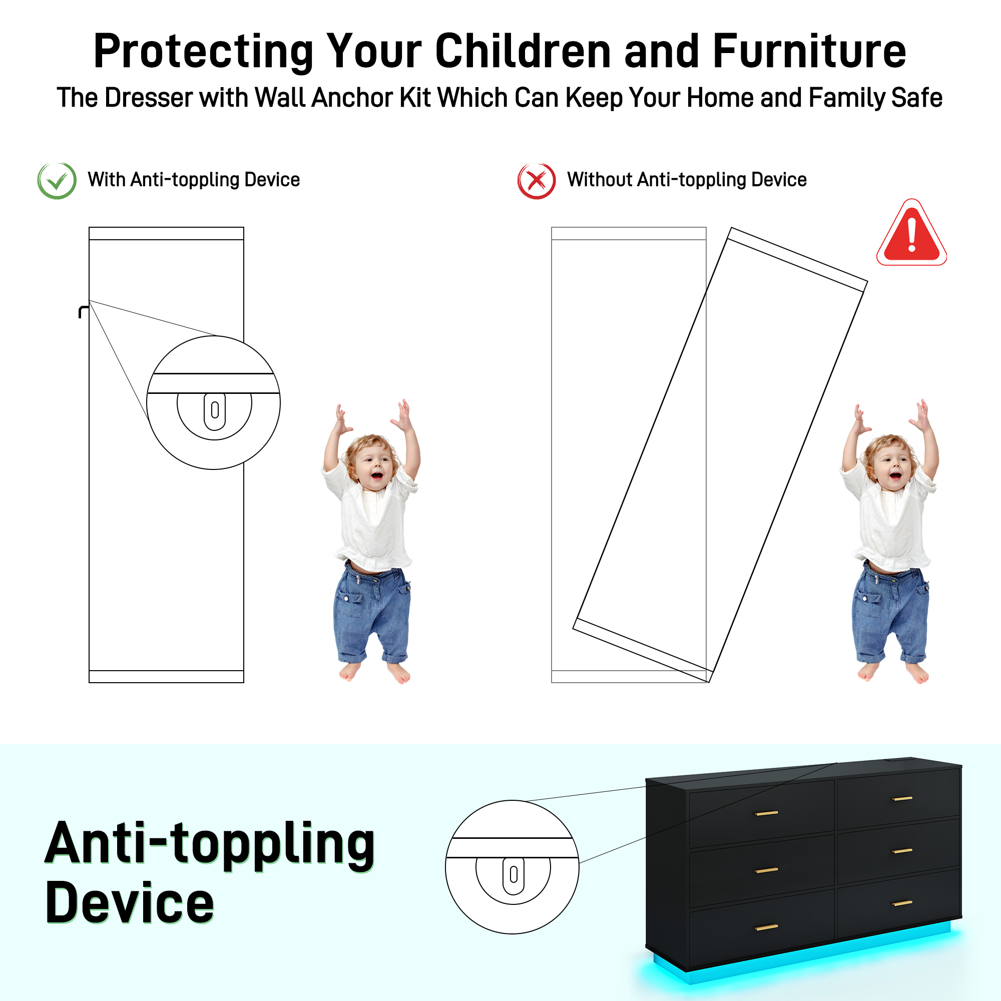 ChVans 6 Drawer Dressers with 60000-color LED Lights & Power Outlet, 59'' Long Modern Chest of Drawers for Closet, Wide Drawer Organizer Cabinet for Bedroom, Living Room, Entryway, Hallway