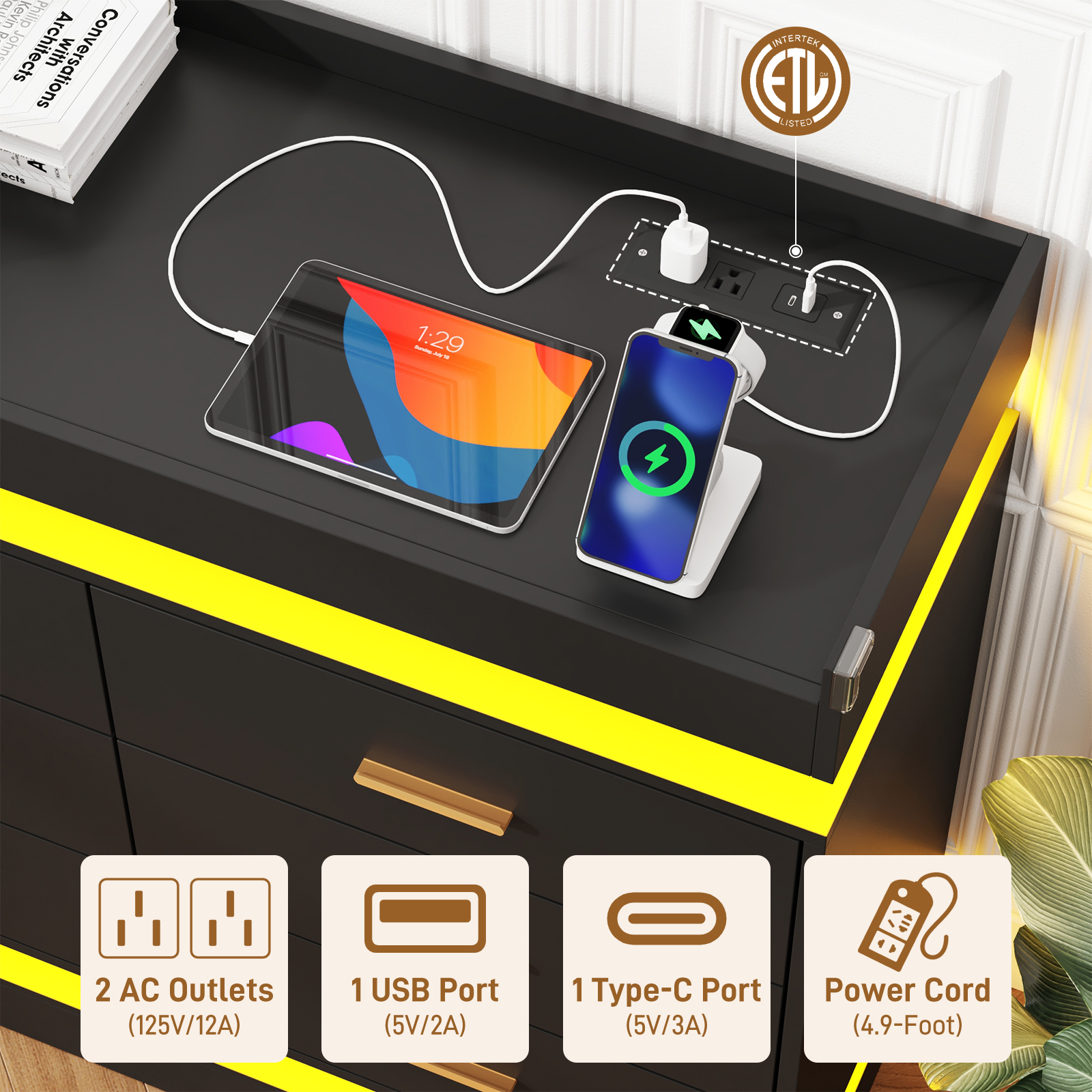 ChVans 9 Drawer Dresser with Power Outlet, Tall Dresser with LED Light, Modern Chest of Drawers for Closet, Triple Wide Drawer Organizer Cabinet for Bedroom, Living Room, Entryway, Hallway