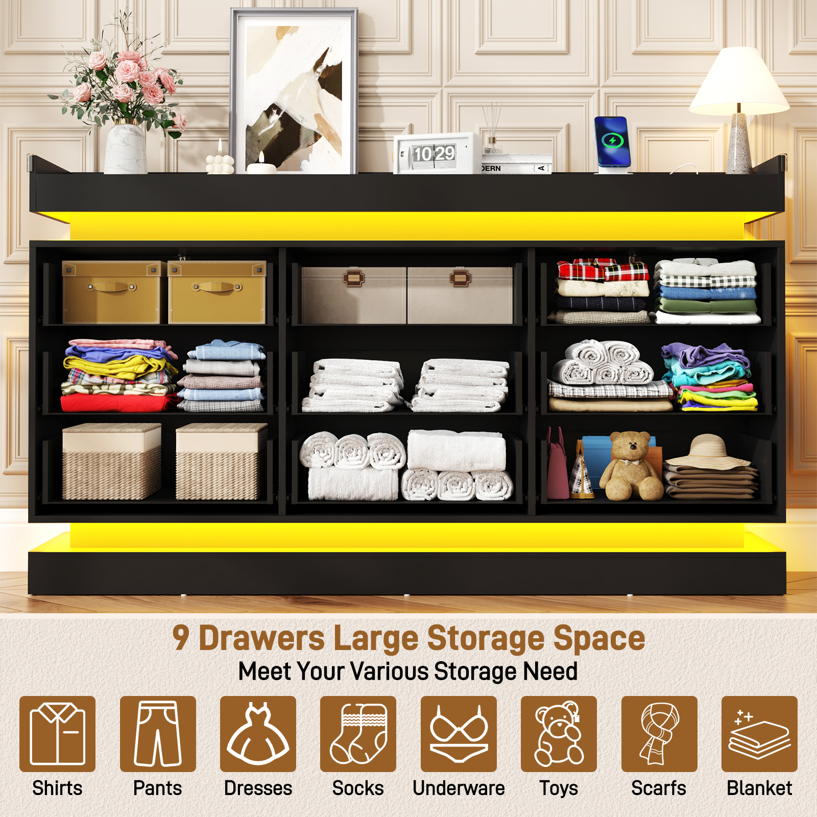 ChVans 9 Drawer Dresser with Power Outlet, Tall Dresser with LED Light, Modern Chest of Drawers for Closet, Triple Wide Drawer Organizer Cabinet for Bedroom, Living Room, Entryway, Hallway