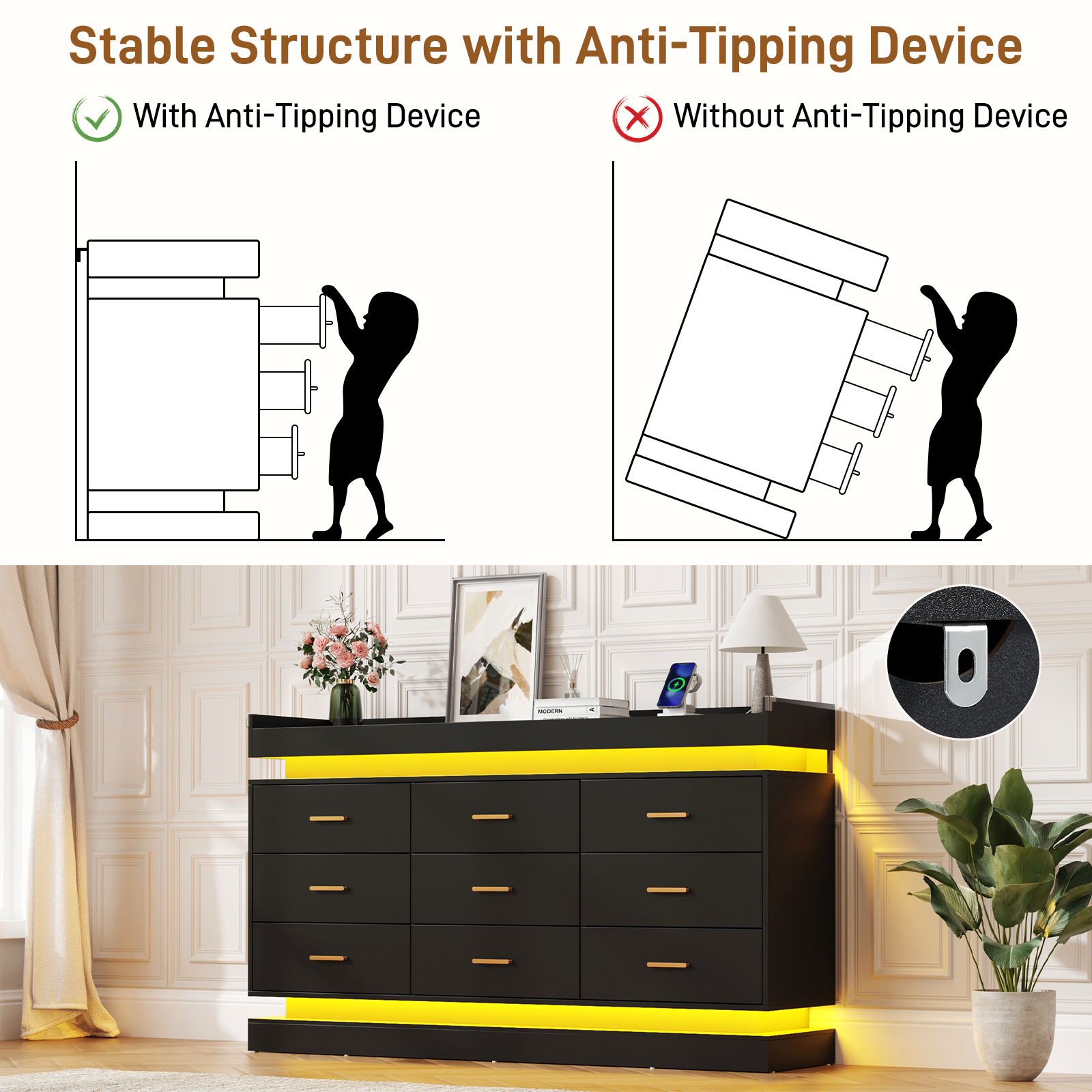 ChVans 9 Drawer Dresser with Power Outlet, Tall Dresser with LED Light, Modern Chest of Drawers for Closet, Triple Wide Drawer Organizer Cabinet for Bedroom, Living Room, Entryway, Hallway