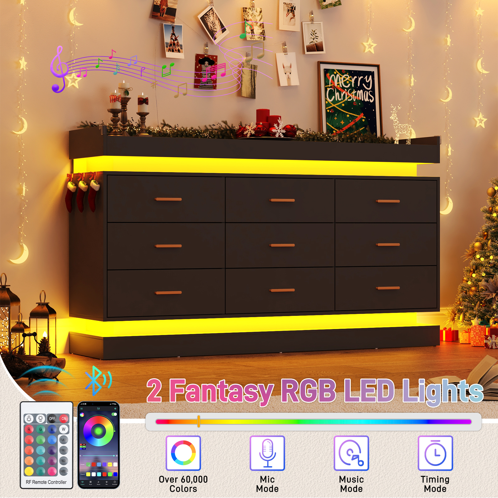 ChVans 9 Drawer Dresser with Power Outlet, Tall Dresser with LED Light, Modern Chest of Drawers for Closet, Triple Wide Drawer Organizer Cabinet for Bedroom, Living Room, Entryway, Hallway