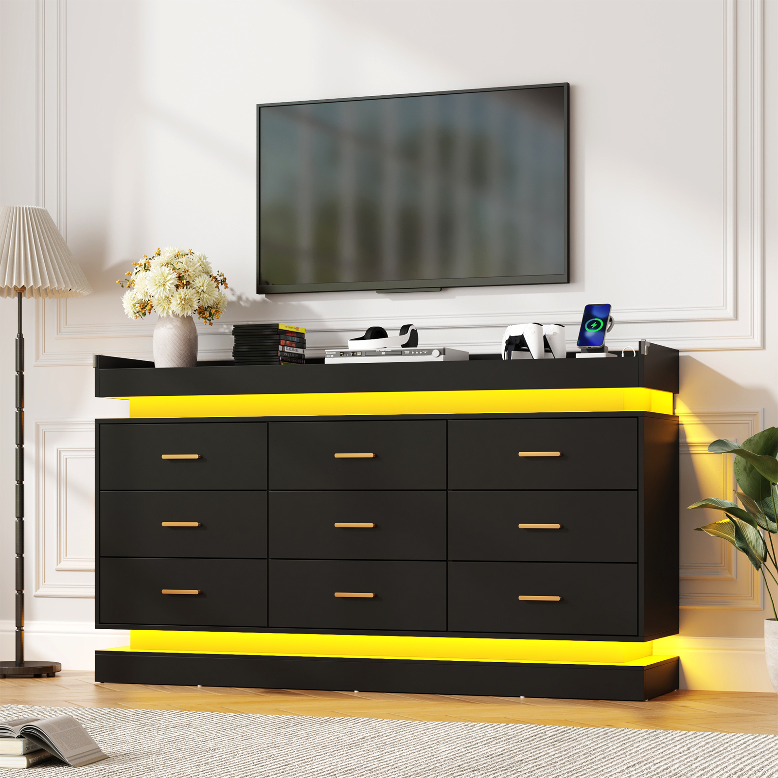 ChVans 9 Drawer Dresser with Power Outlet, Tall Dresser with LED Light, Modern Chest of Drawers for Closet, Triple Wide Drawer Organizer Cabinet for Bedroom, Living Room, Entryway, Hallway