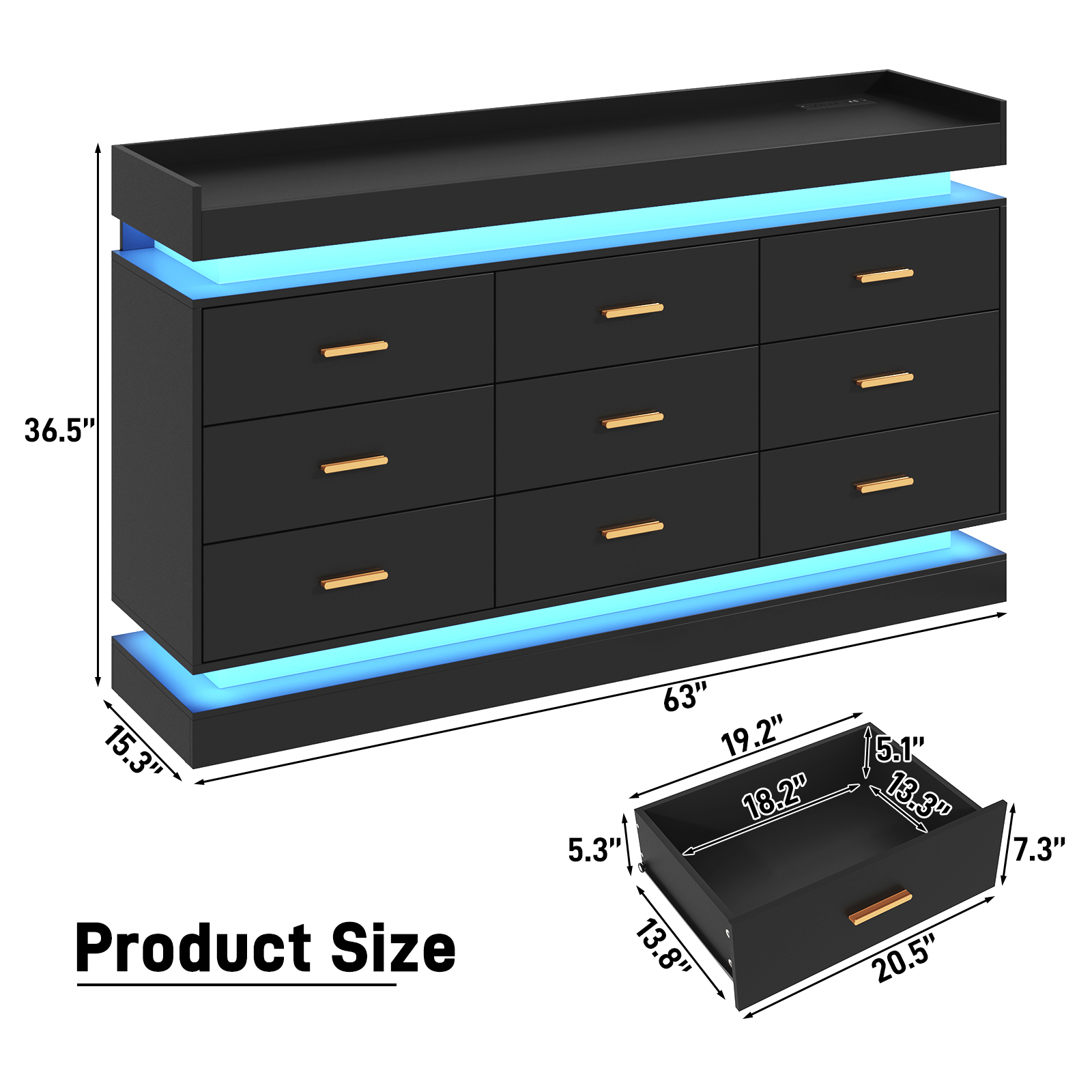 ChVans 9 Drawer Dresser with Power Outlet, Tall Dresser with LED Light, Modern Chest of Drawers for Closet, Triple Wide Drawer Organizer Cabinet for Bedroom, Living Room, Entryway, Hallway
