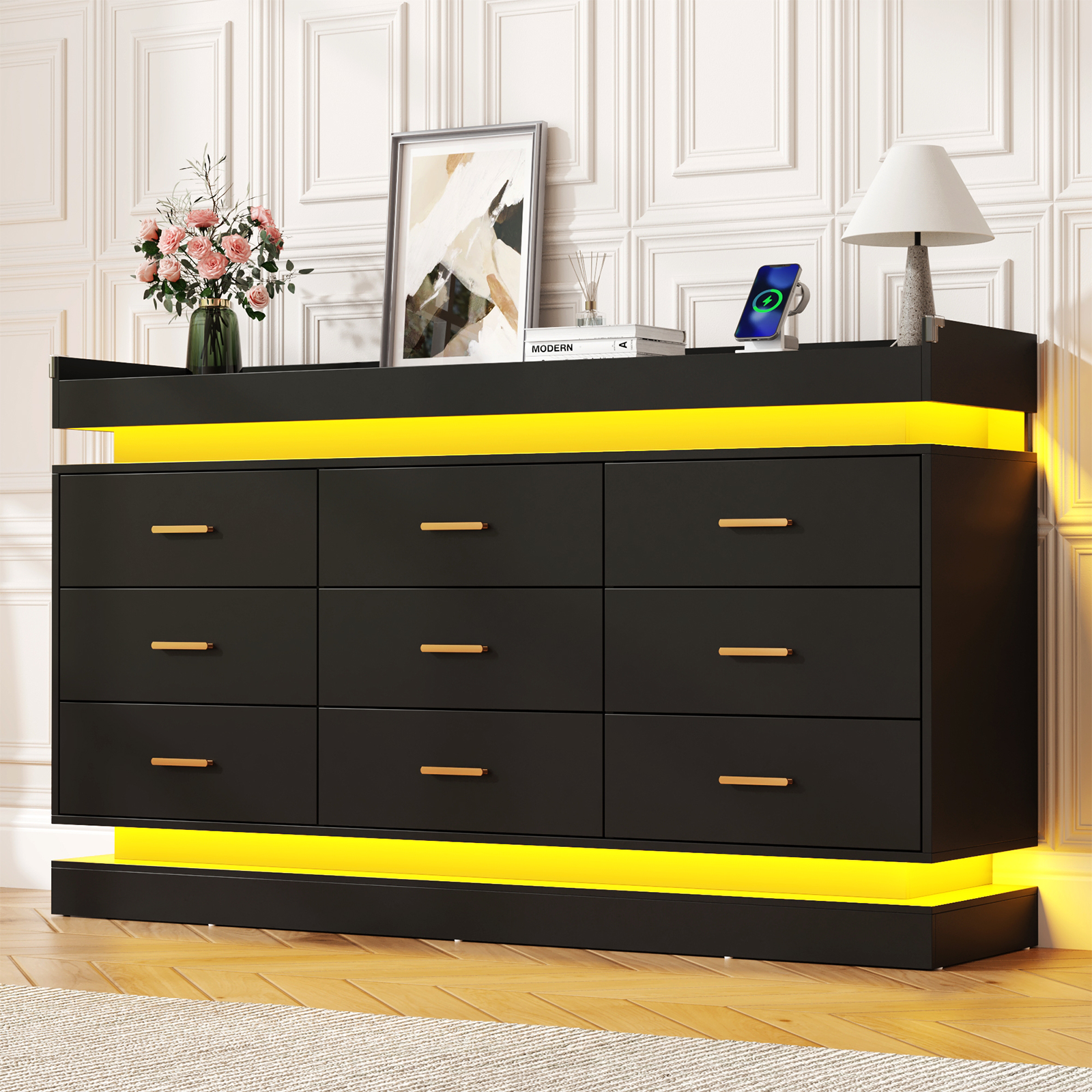 ChVans 9 Drawer Dresser with Power Outlet, Tall Dresser with LED Light, Modern Chest of Drawers for Closet, Triple Wide Drawer Organizer Cabinet for Bedroom, Living Room, Entryway, Hallway