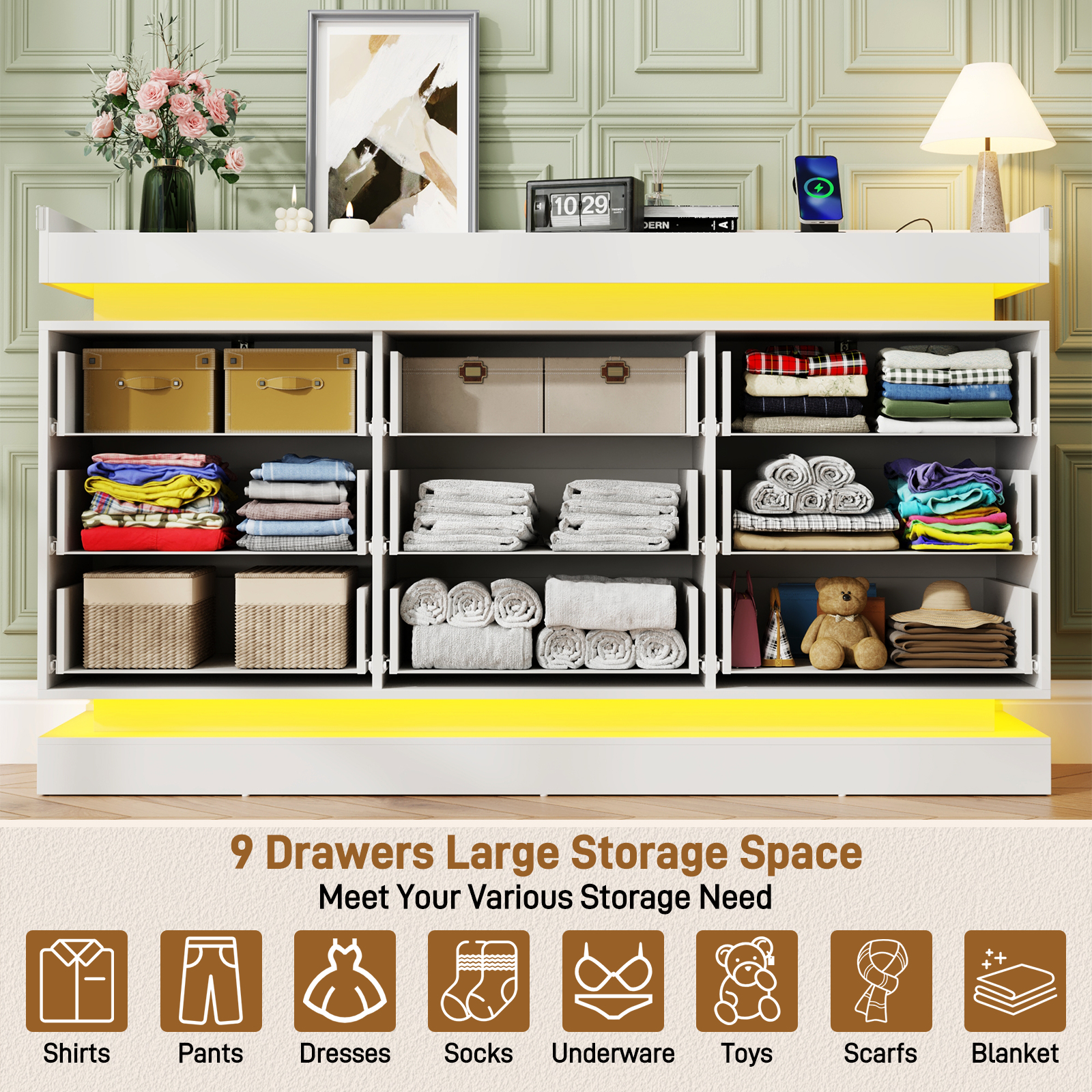 ChVans 9 Drawer Dresser with Power Outlet, Tall Dresser with LED Light, Modern Chest of Drawers for Closet, Triple Wide Drawer Organizer Cabinet for Bedroom, Living Room, Entryway, Hallway