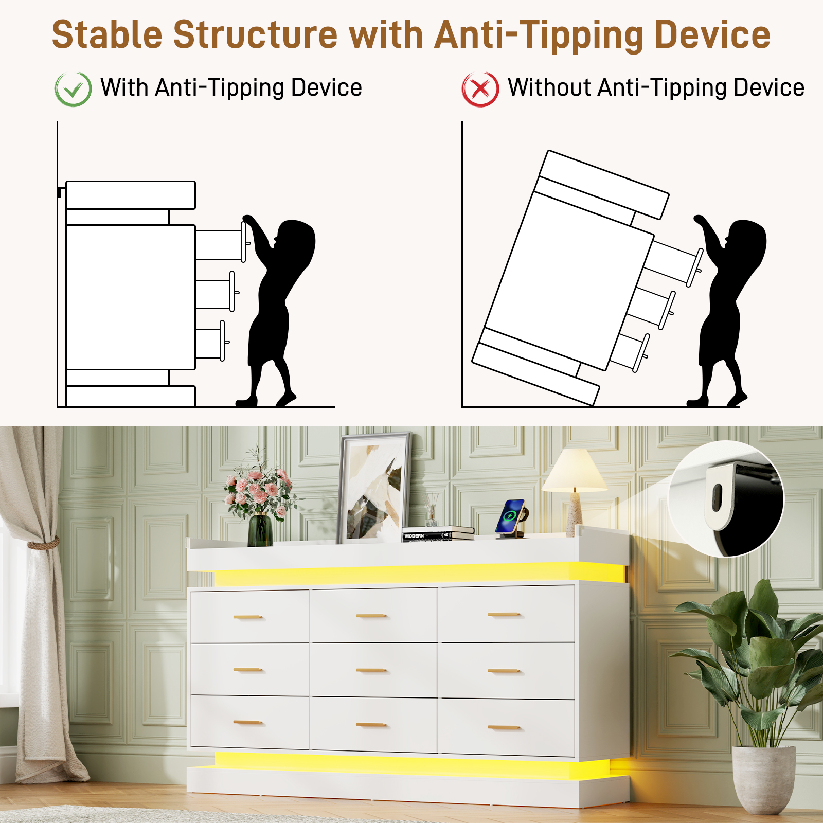 ChVans 9 Drawer Dresser with Power Outlet, Tall Dresser with LED Light, Modern Chest of Drawers for Closet, Triple Wide Drawer Organizer Cabinet for Bedroom, Living Room, Entryway, Hallway