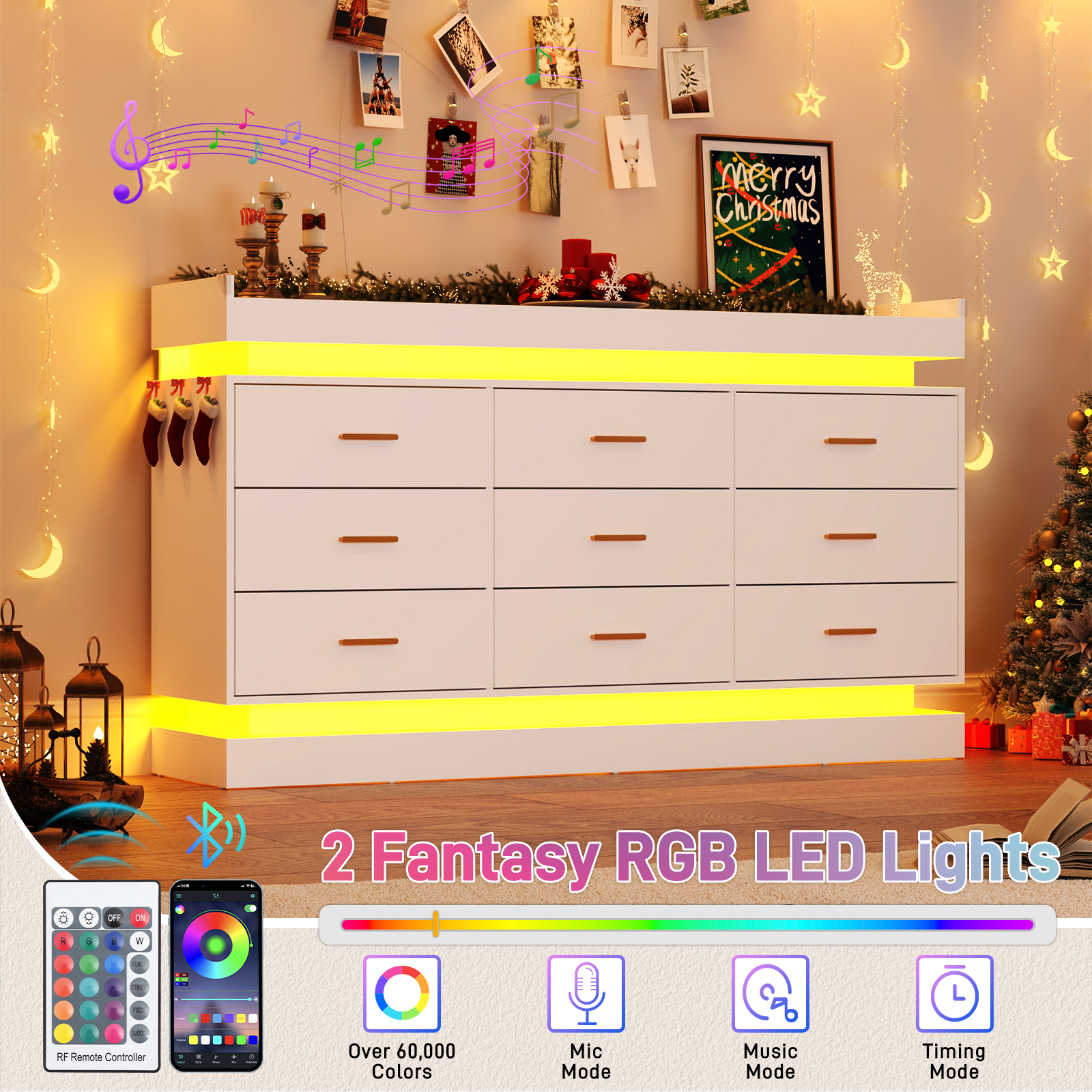 ChVans 9 Drawer Dresser with Power Outlet, Tall Dresser with LED Light, Modern Chest of Drawers for Closet, Triple Wide Drawer Organizer Cabinet for Bedroom, Living Room, Entryway, Hallway