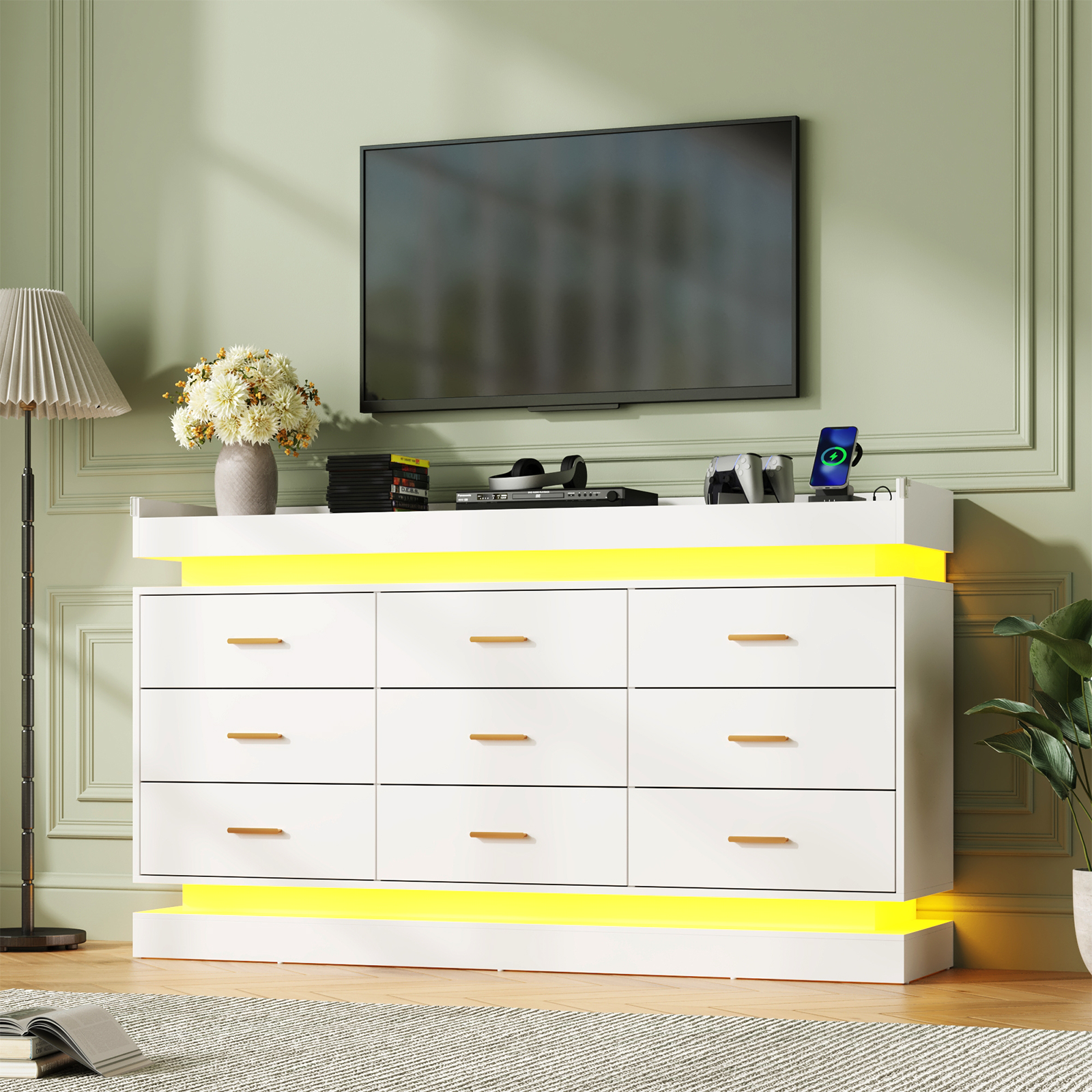 ChVans 9 Drawer Dresser with Power Outlet, Tall Dresser with LED Light, Modern Chest of Drawers for Closet, Triple Wide Drawer Organizer Cabinet for Bedroom, Living Room, Entryway, Hallway