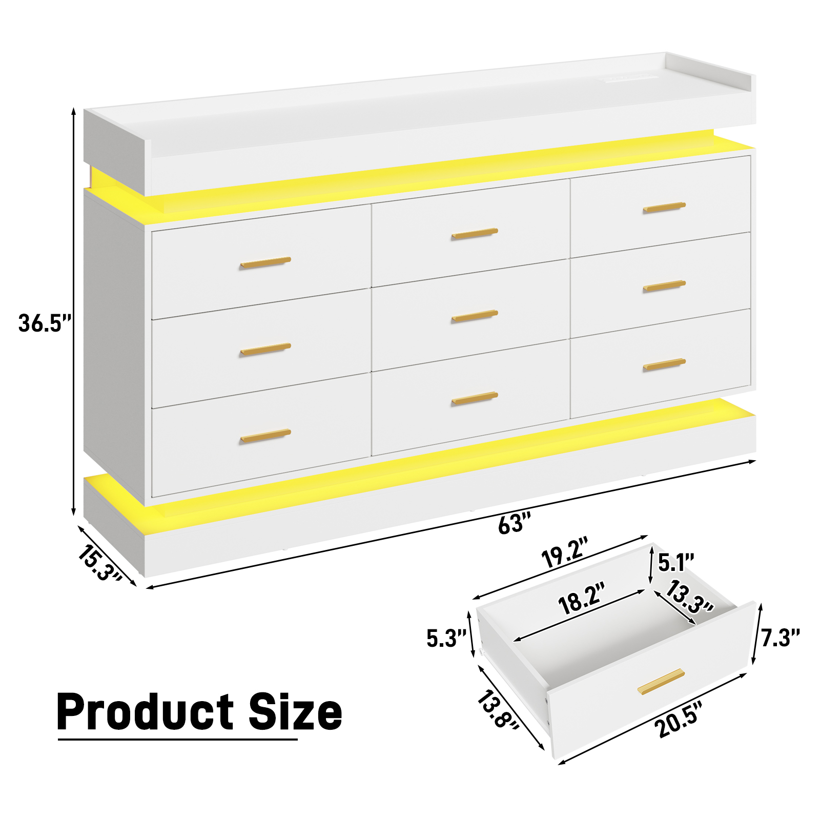 ChVans 9 Drawer Dresser with Power Outlet, Tall Dresser with LED Light, Modern Chest of Drawers for Closet, Triple Wide Drawer Organizer Cabinet for Bedroom, Living Room, Entryway, Hallway