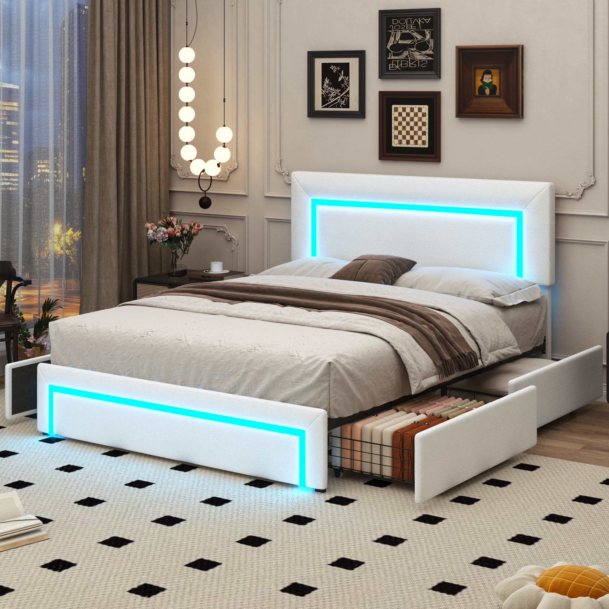  ANPOO Queen Size Boucle Bed Frame with LED Lights & 4 Drawers, Upholstered Platform Bed Frame with Headboard & Footboard, Modern, No Box Spring Needed