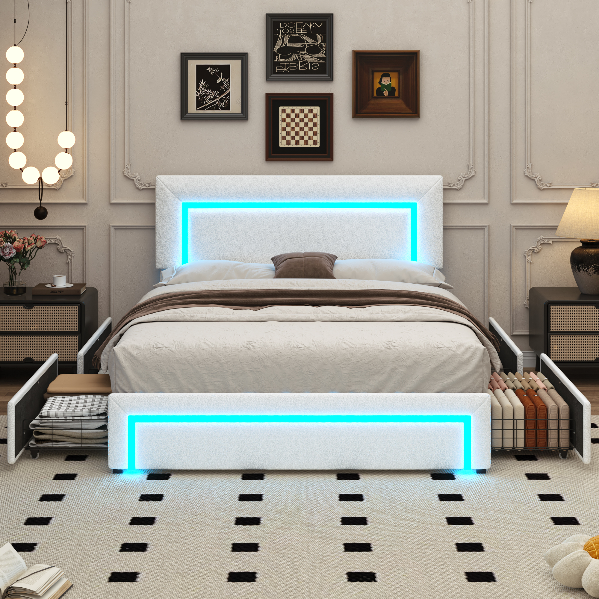  ANPOO Queen Size Boucle Bed Frame with LED Lights & 4 Drawers, Upholstered Platform Bed Frame with Headboard & Footboard, Modern, No Box Spring Needed