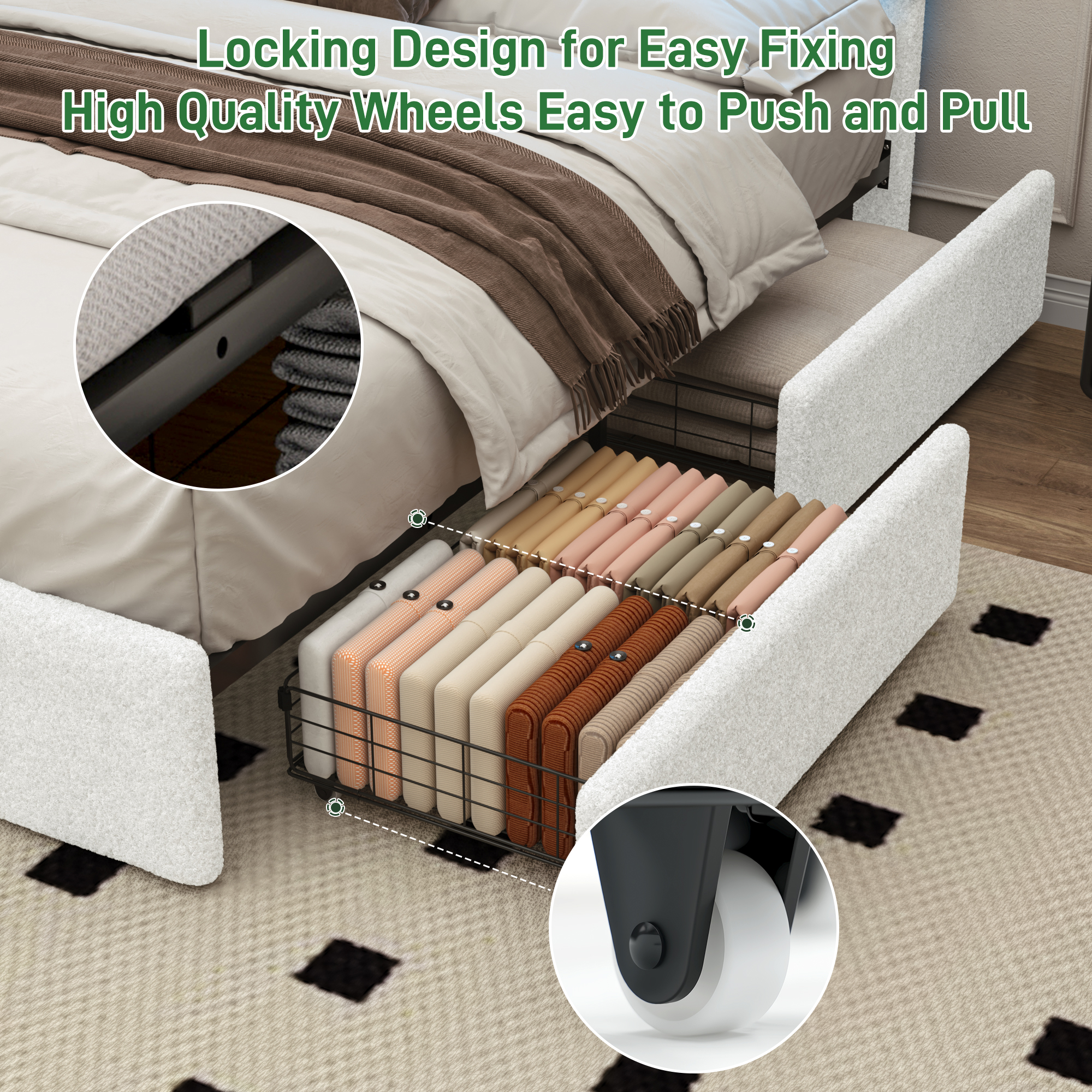  ANPOO Queen Size Boucle Bed Frame with LED Lights & 4 Drawers, Upholstered Platform Bed Frame with Headboard & Footboard, Modern, No Box Spring Needed