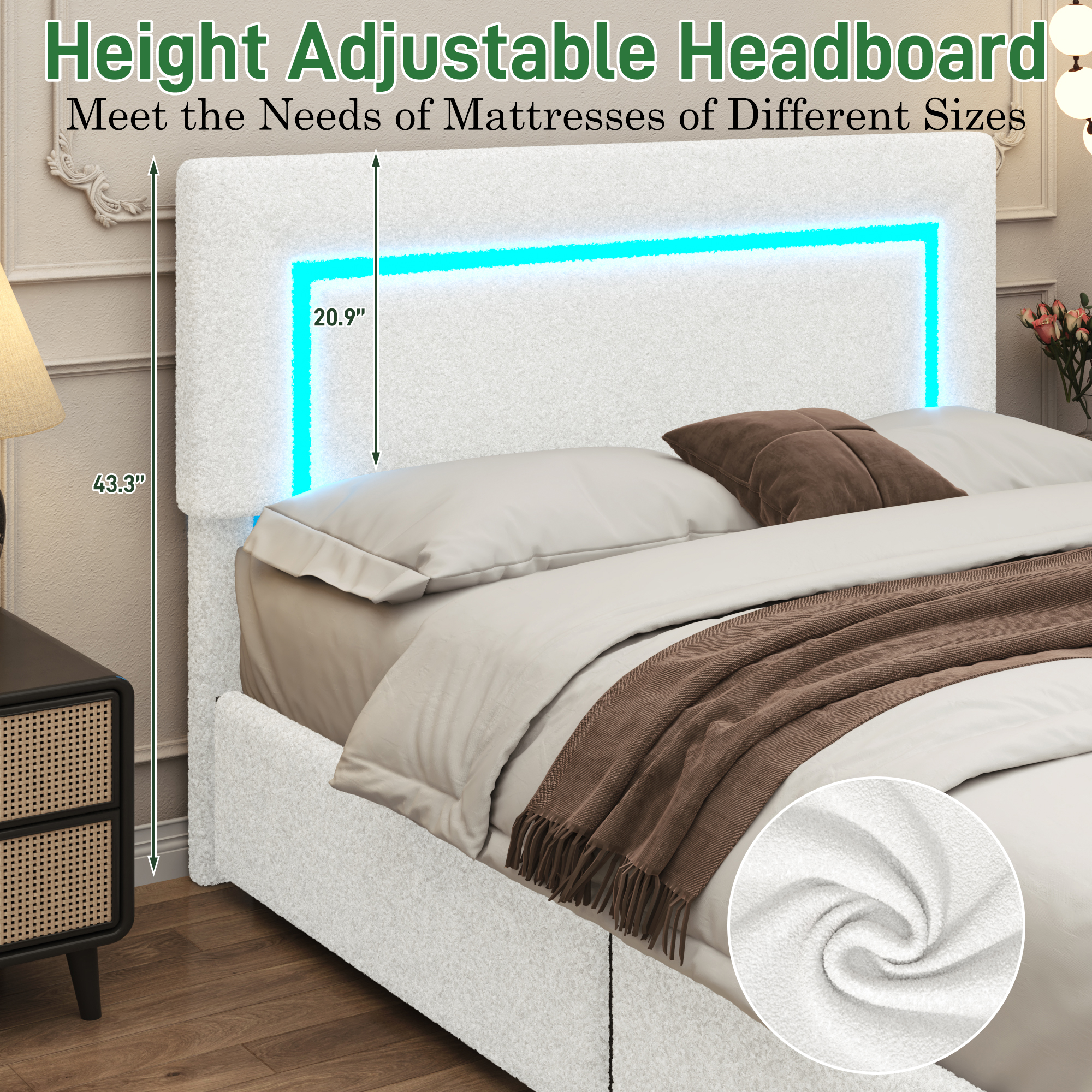  ANPOO Queen Size Boucle Bed Frame with LED Lights & 4 Drawers, Upholstered Platform Bed Frame with Headboard & Footboard, Modern, No Box Spring Needed