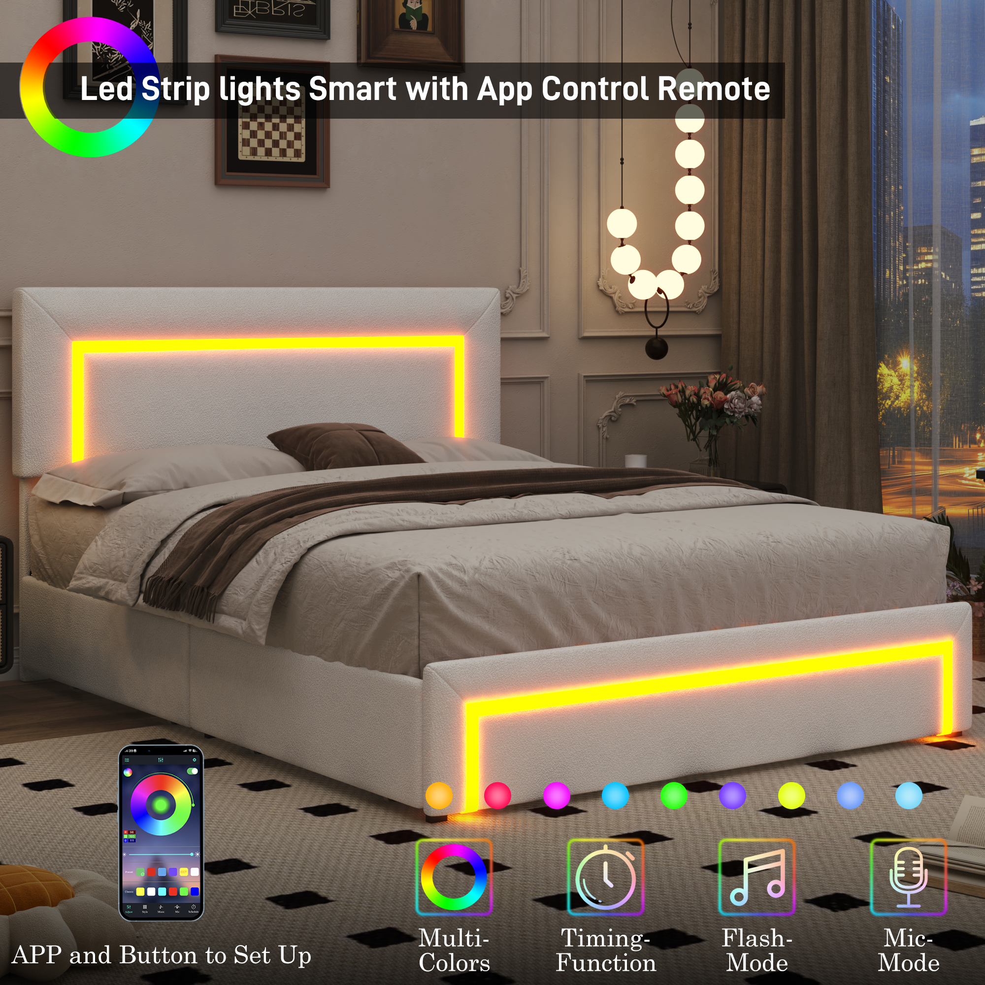  ANPOO Queen Size Boucle Bed Frame with LED Lights & 4 Drawers, Upholstered Platform Bed Frame with Headboard & Footboard, Modern, No Box Spring Needed