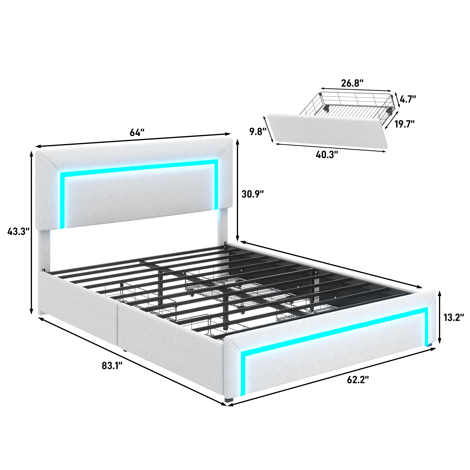  ANPOO Queen Size Boucle Bed Frame with LED Lights & 4 Drawers, Upholstered Platform Bed Frame with Headboard & Footboard, Modern, No Box Spring Needed