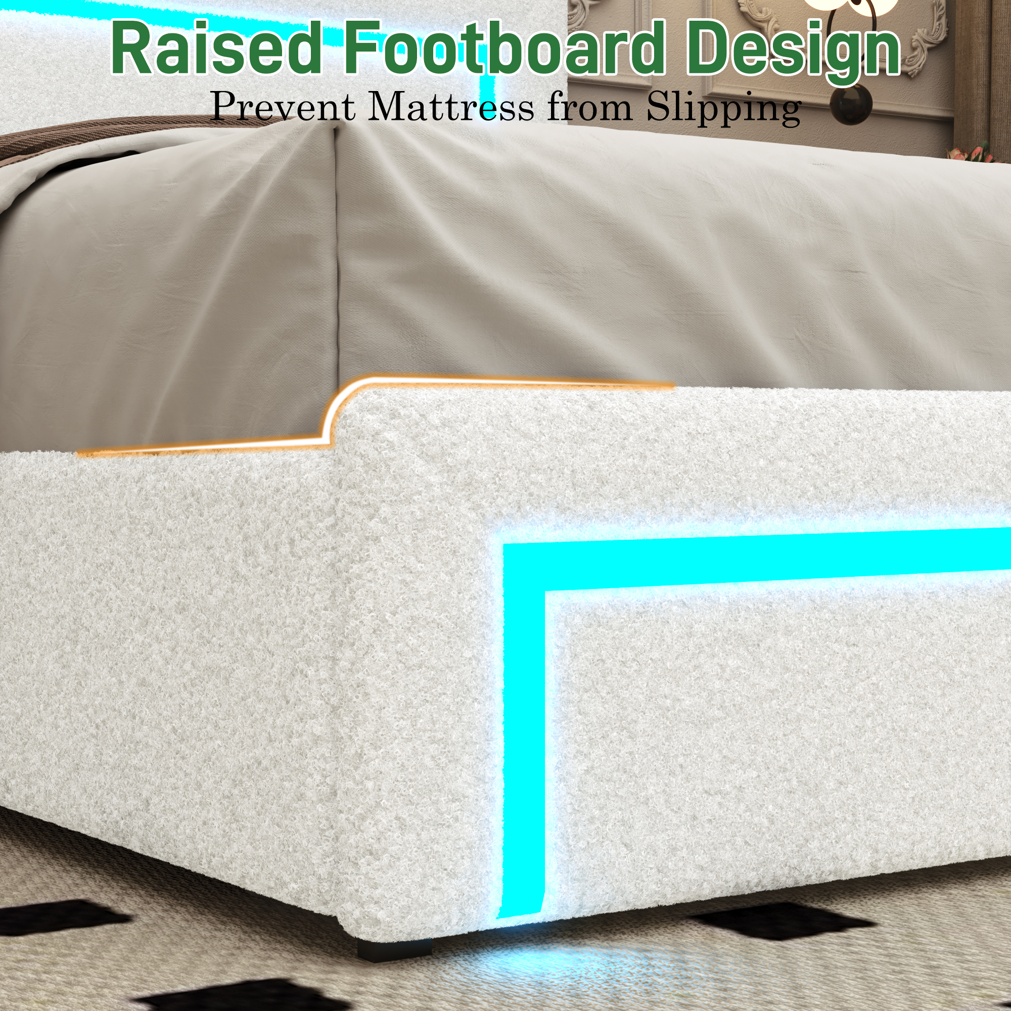  ANPOO Queen Size Boucle Bed Frame with LED Lights & 4 Drawers, Upholstered Platform Bed Frame with Headboard & Footboard, Modern, No Box Spring Needed