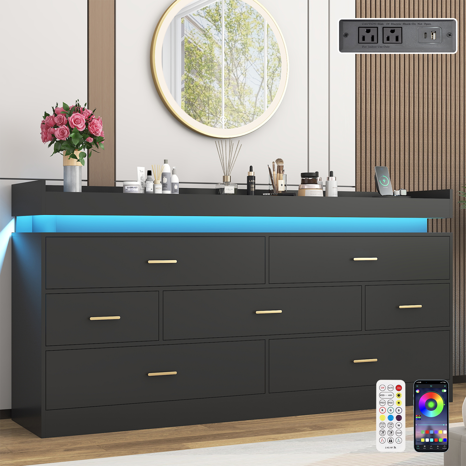 ChVans 7 Drawer Dresser with LED Light and Charging Station, Modern Chest of Drawers, Wooden Storage Dresser for Bedroom, Living Room, Entryway