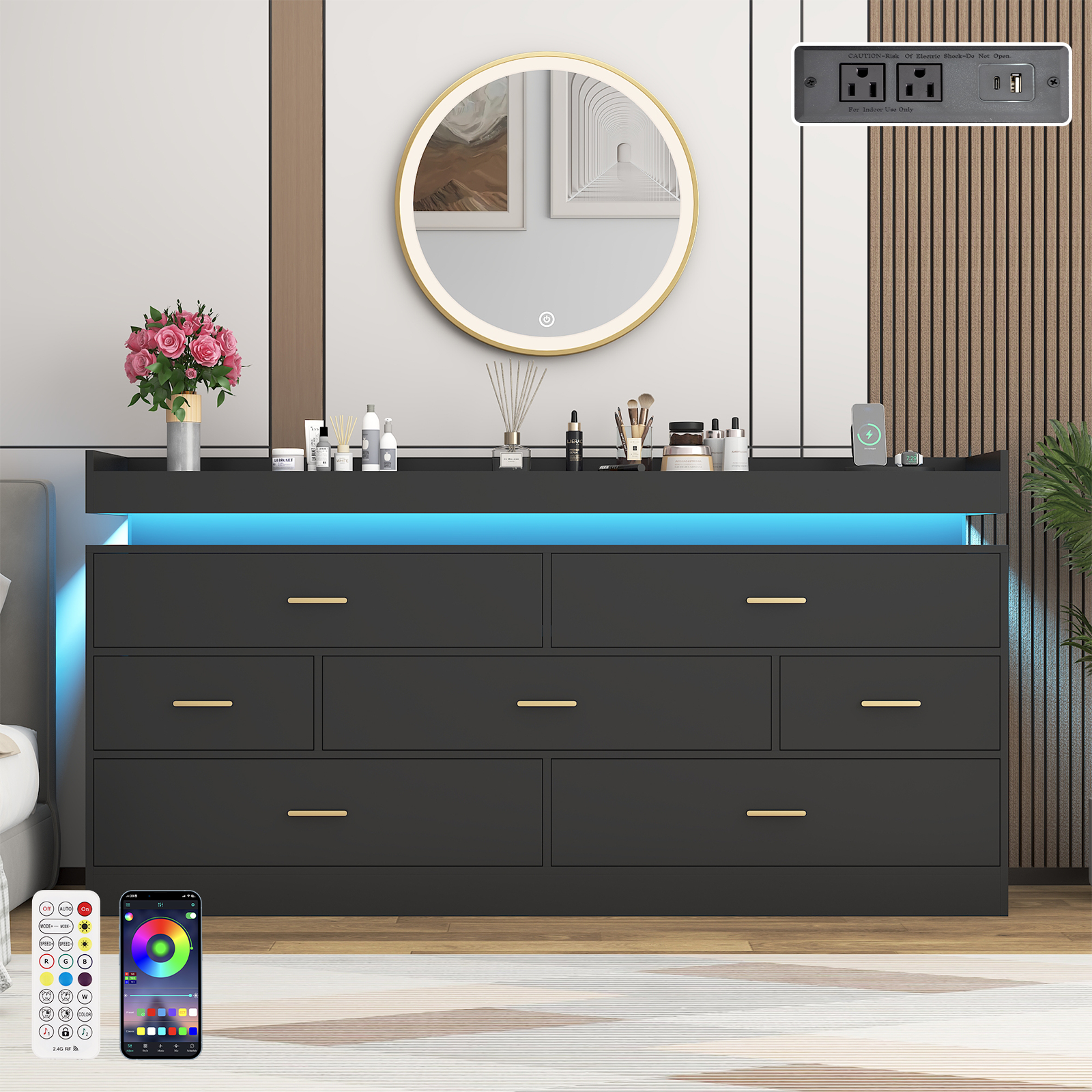 ChVans 7 Drawer Dresser with LED Light and Charging Station, Modern Chest of Drawers, Wooden Storage Dresser for Bedroom, Living Room, Entryway