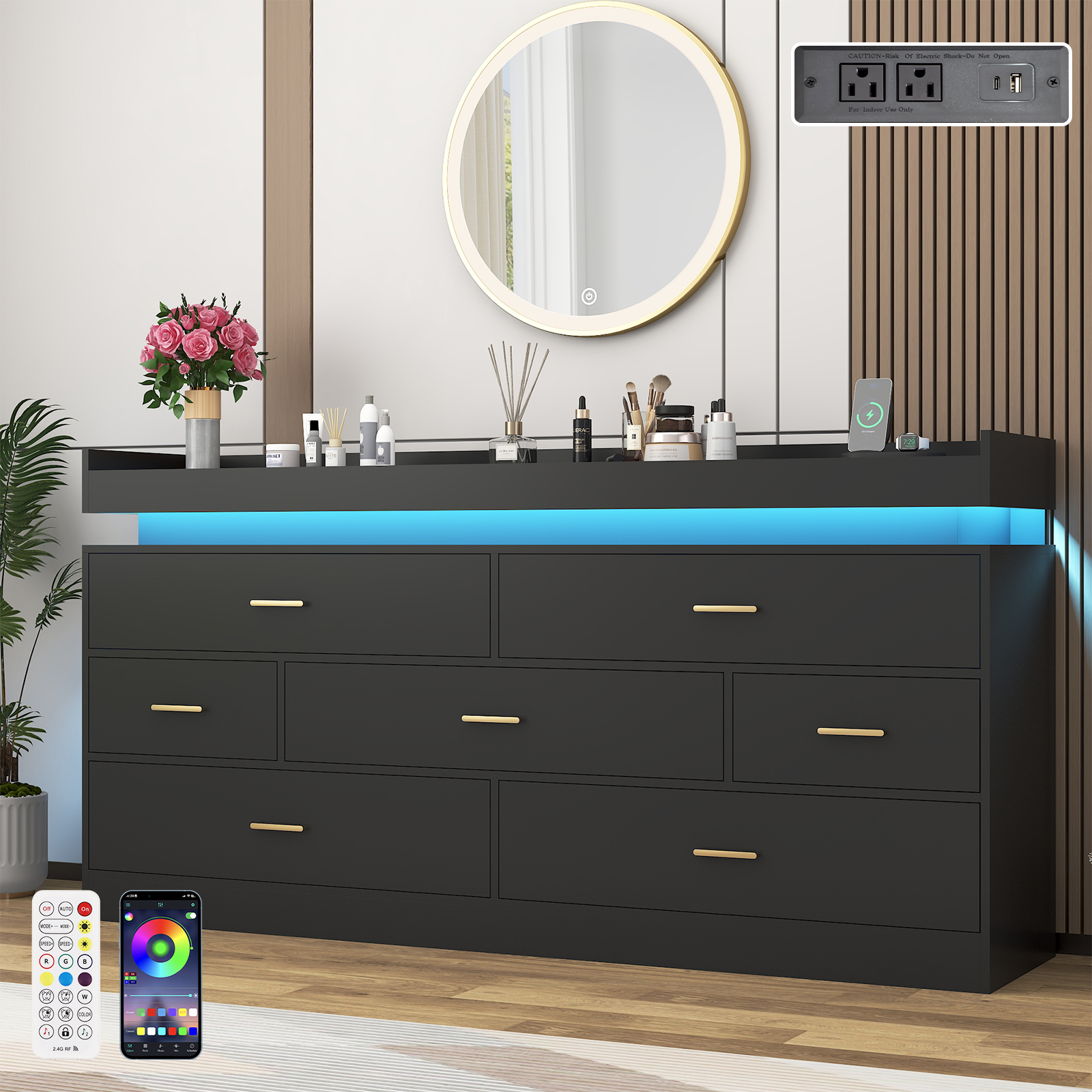 ChVans 7 Drawer Dresser with LED Light and Charging Station, Modern Chest of Drawers, Wooden Storage Dresser for Bedroom, Living Room, Entryway