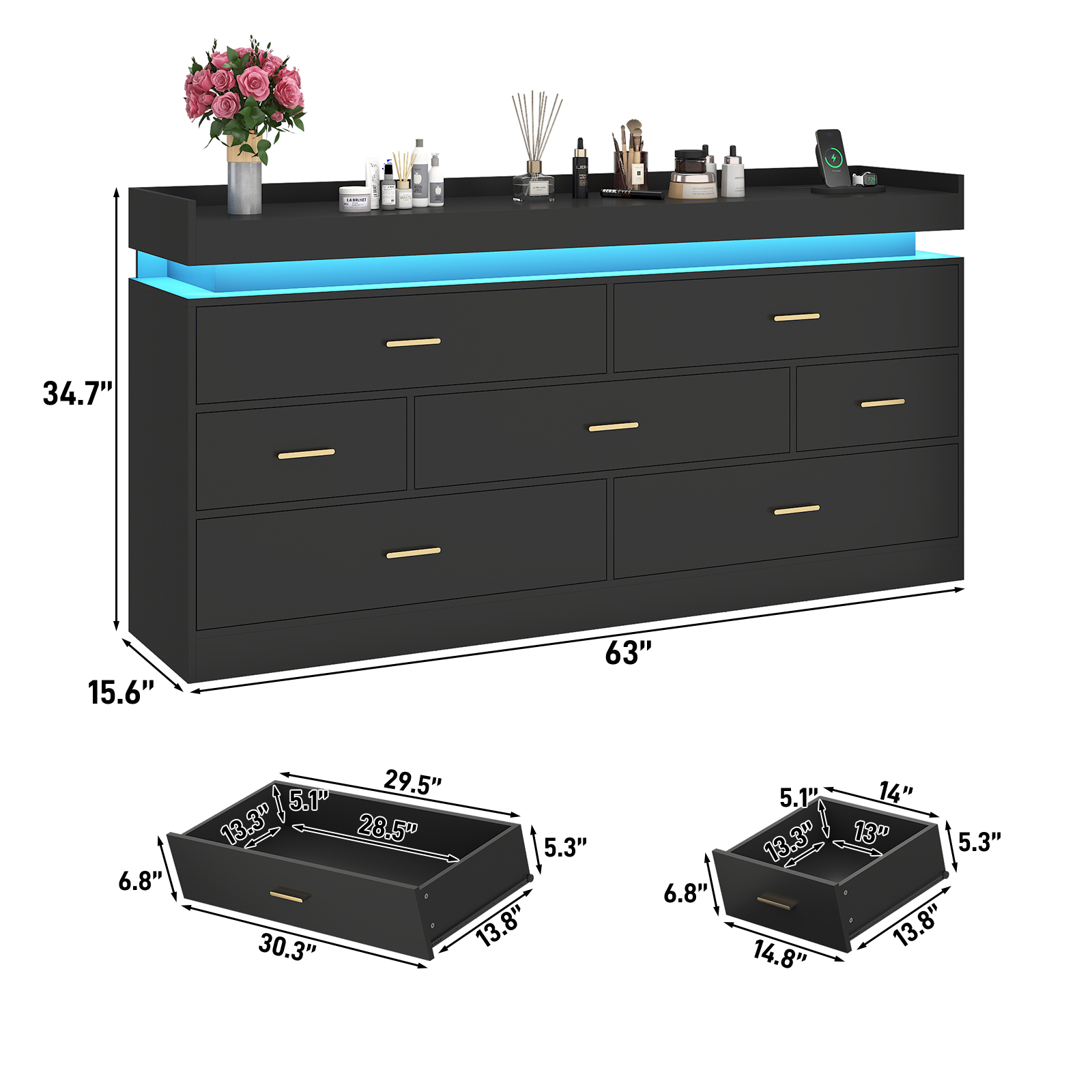 ChVans 7 Drawer Dresser with LED Light and Charging Station, Modern Chest of Drawers, Wooden Storage Dresser for Bedroom, Living Room, Entryway