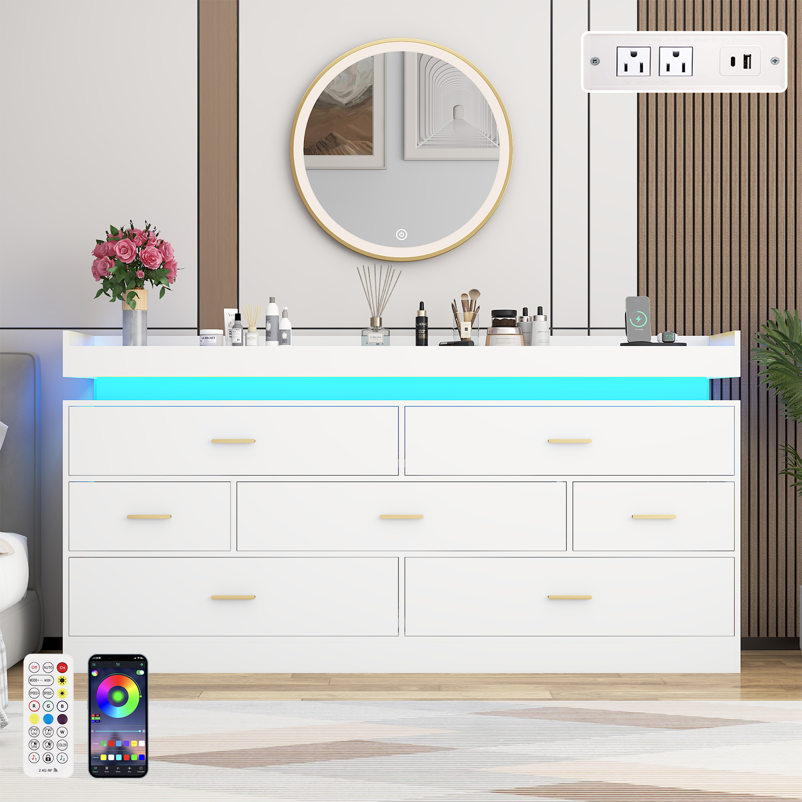 ChVans 7 Drawer Dresser with LED Light and Charging Station, Modern Chest of Drawers, Wooden Storage Dresser for Bedroom, Living Room, Entryway