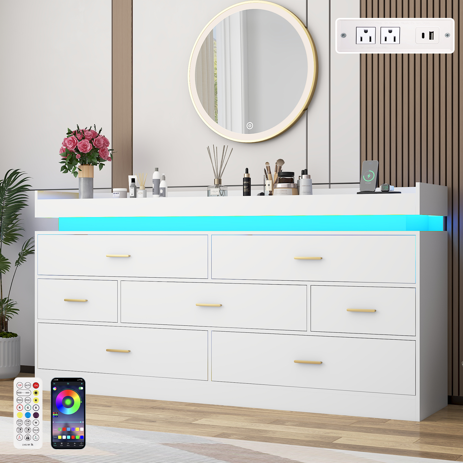 ChVans 7 Drawer Dresser with LED Light and Charging Station, Modern Chest of Drawers, Wooden Storage Dresser for Bedroom, Living Room, Entryway