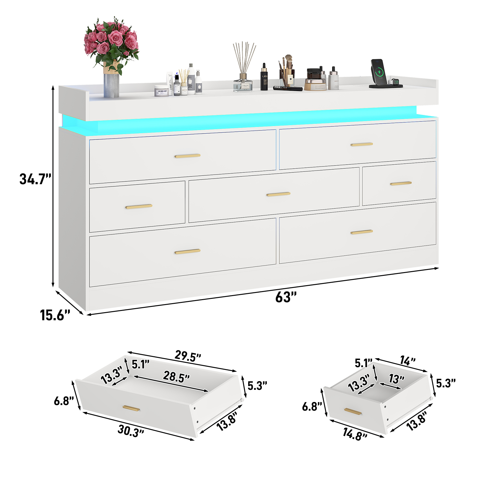 ChVans 7 Drawer Dresser with LED Light and Charging Station, Modern Chest of Drawers, Wooden Storage Dresser for Bedroom, Living Room, Entryway
