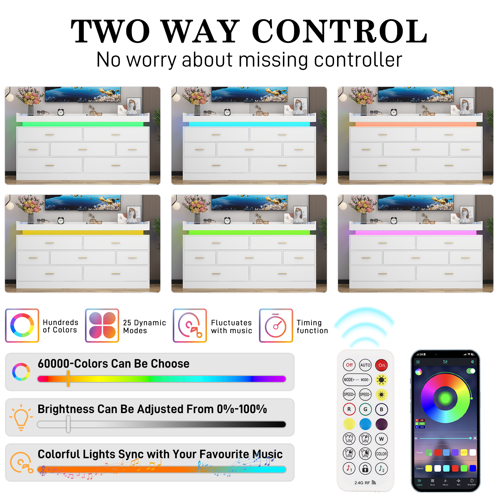 ChVans 7 Drawer Dresser with LED Light and Charging Station, Modern Chest of Drawers, Wooden Storage Dresser for Bedroom, Living Room, Entryway