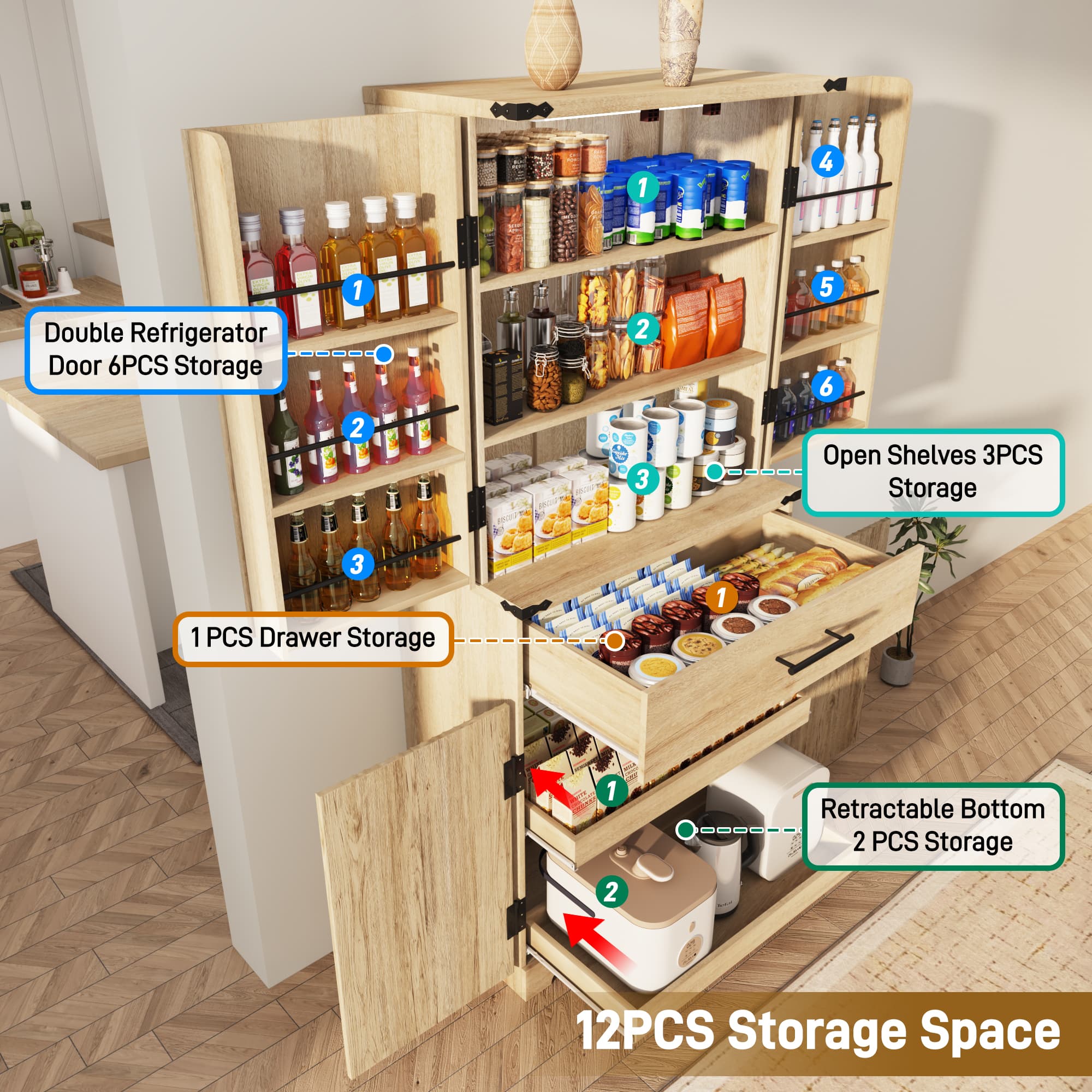 Fluted Kitchen Pantry Cabinet 71"