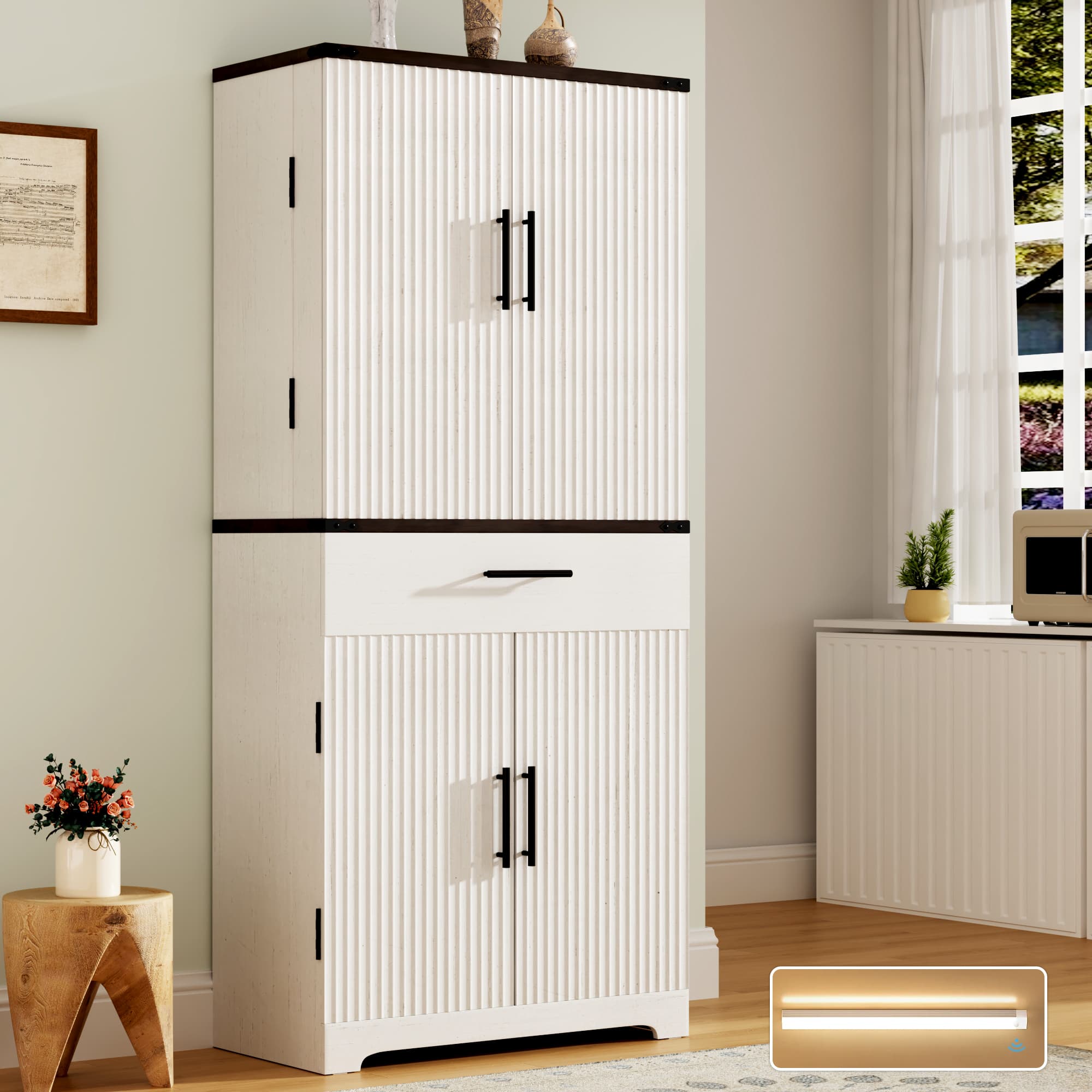 Fluted Kitchen Pantry Cabinet 71"