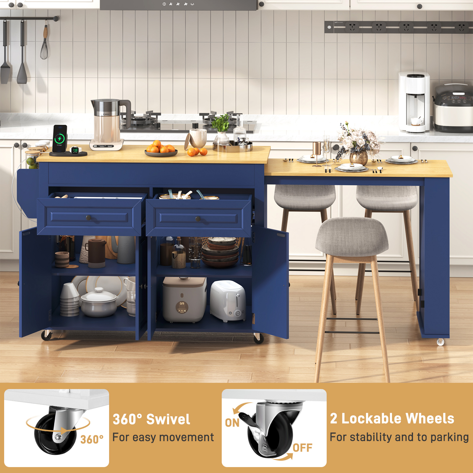 ANPOO Large Kitchen Island with Extendable Dining Table and Power Outlet,Rolling Kitchen Island Cart on Wheels with 2 Storage Cabinets&2 Drawers&3 Spice Racks,Island Table for Kitchen