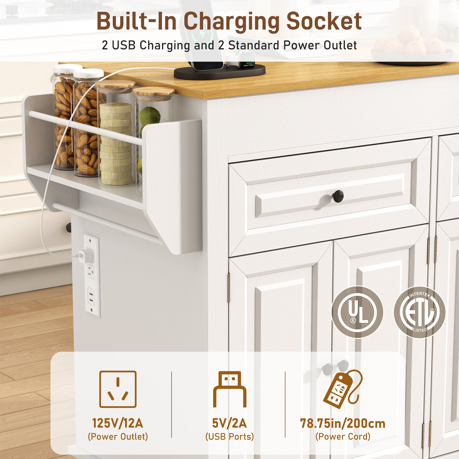 ANPOO Large Kitchen Island with Extendable Dining Table and Power Outlet,Rolling Kitchen Island Cart on Wheels with 2 Storage Cabinets&2 Drawers&3 Spice Racks,Island Table for Kitchen