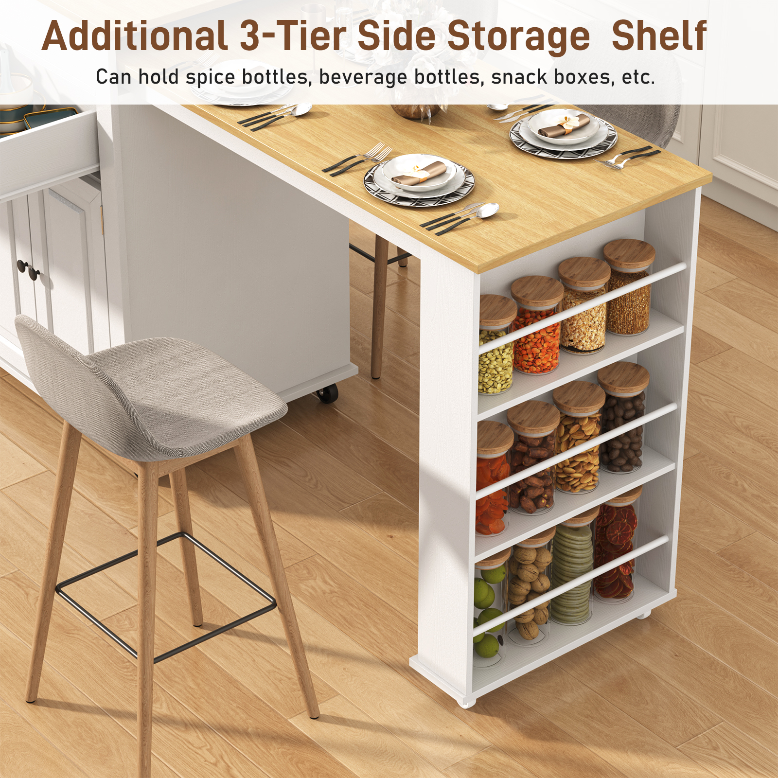 ANPOO Large Kitchen Island with Extendable Dining Table and Power Outlet,Rolling Kitchen Island Cart on Wheels with 2 Storage Cabinets&2 Drawers&3 Spice Racks,Island Table for Kitchen