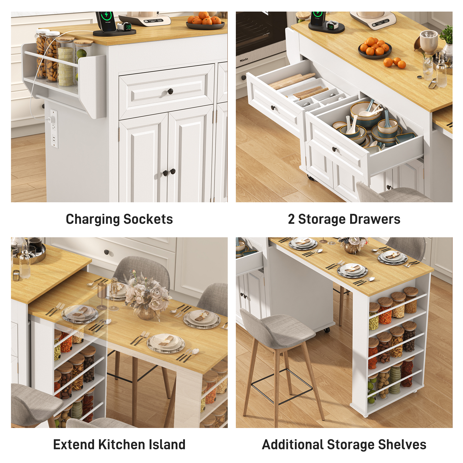 ANPOO Large Kitchen Island with Extendable Dining Table and Power Outlet,Rolling Kitchen Island Cart on Wheels with 2 Storage Cabinets&2 Drawers&3 Spice Racks,Island Table for Kitchen