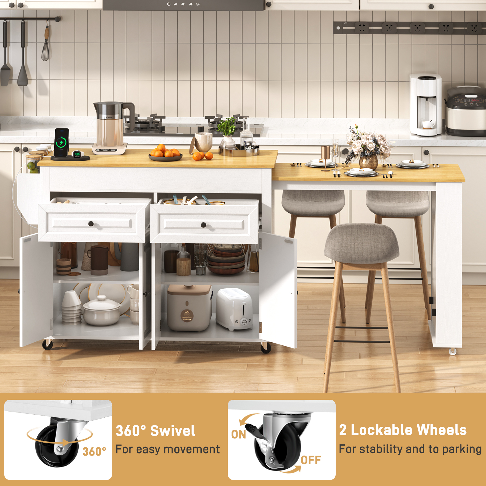 ANPOO Large Kitchen Island with Extendable Dining Table and Power Outlet,Rolling Kitchen Island Cart on Wheels with 2 Storage Cabinets&2 Drawers&3 Spice Racks,Island Table for Kitchen