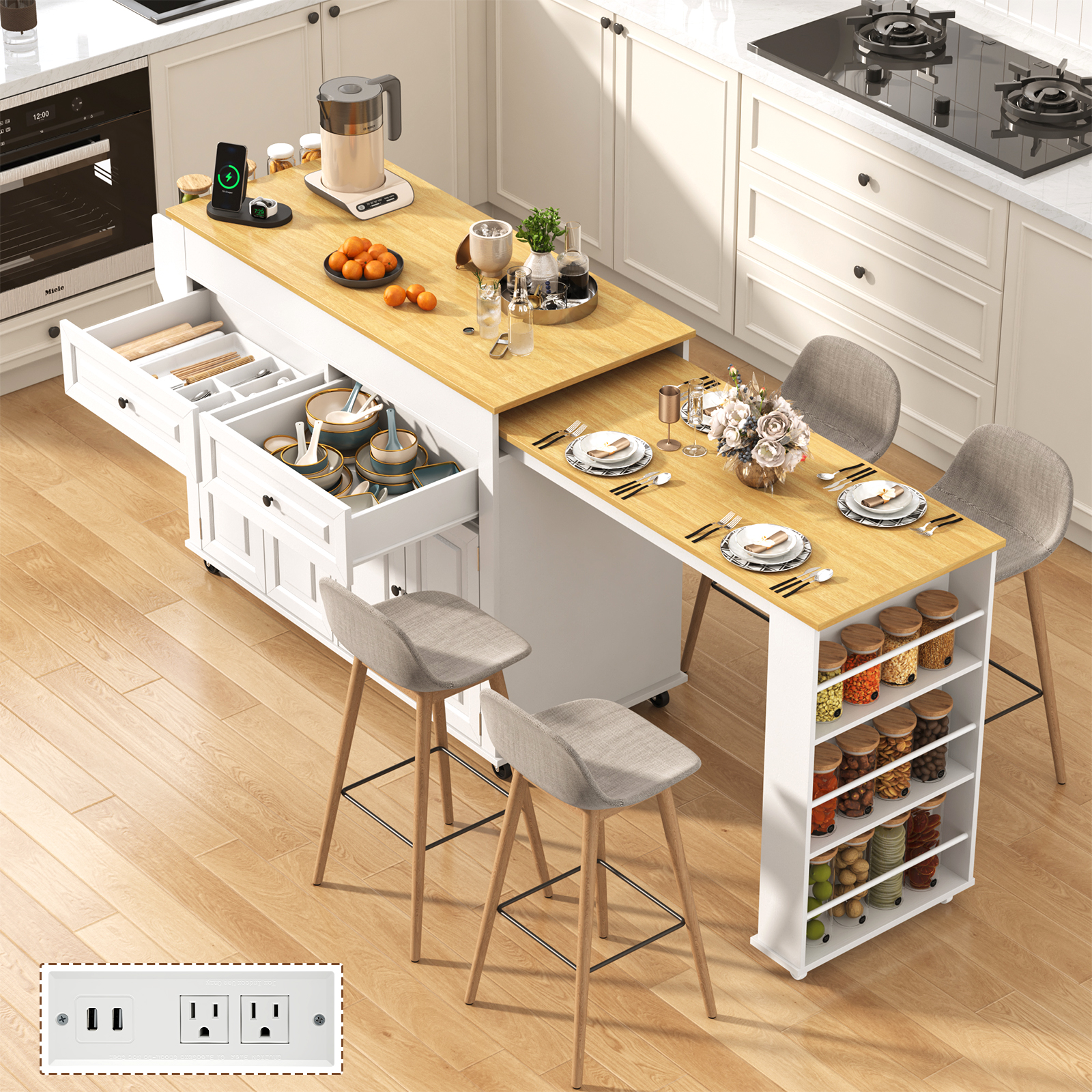 ANPOO Large Kitchen Island with Extendable Dining Table and Power Outlet,Rolling Kitchen Island Cart on Wheels with 2 Storage Cabinets&2 Drawers&3 Spice Racks,Island Table for Kitchen