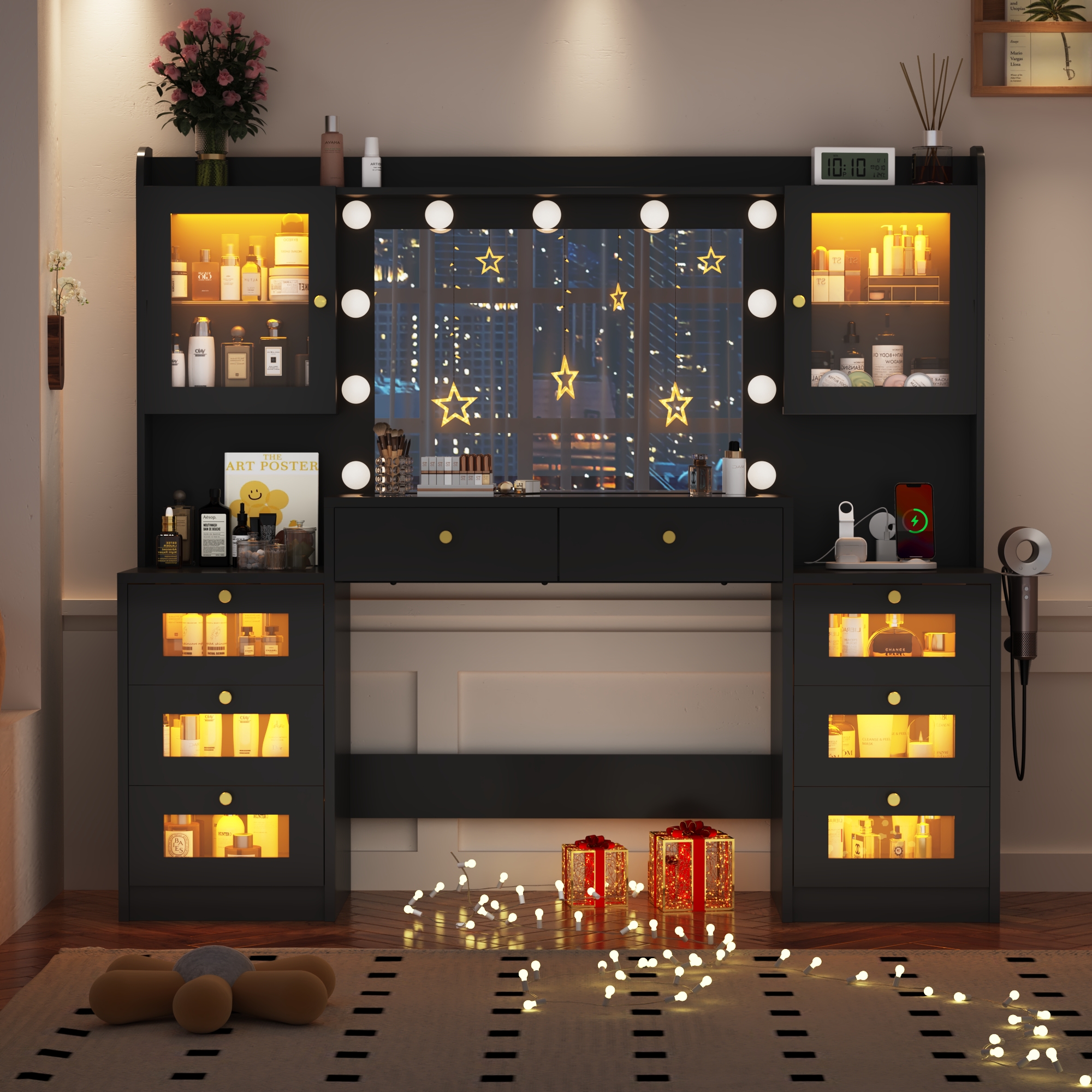 ChVans 62'' Large Vanity Desk with Tempered Glass Top, 11 LED Bulbs, Charging Station, Bedroom Makeup Vanity with 3 Lights Mode LED Mirror, 6 Translucent Drawers, 2 RGB cabinets for Women, Girls Gift