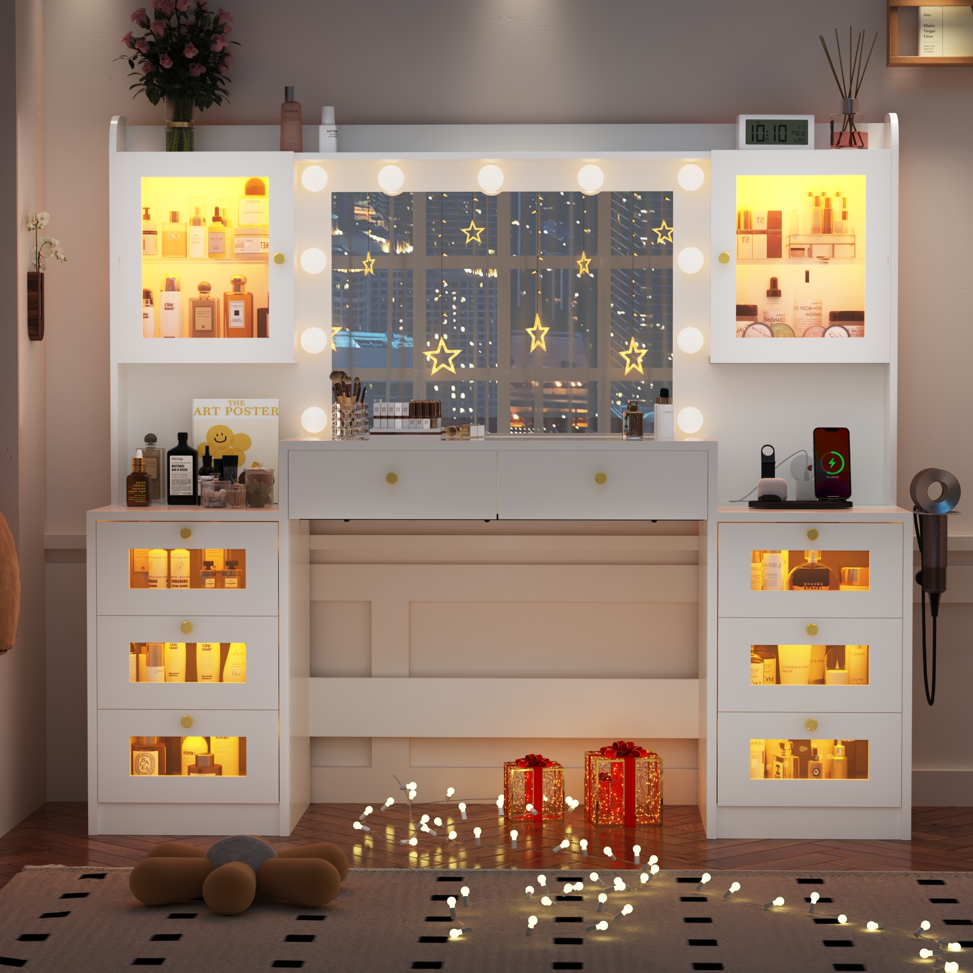 ChVans 62'' Large Vanity Desk with Tempered Glass Top, 11 LED Bulbs, Charging Station, Bedroom Makeup Vanity with 3 Lights Mode LED Mirror, 6 Translucent Drawers, 2 RGB cabinets for Women, Girls Gift