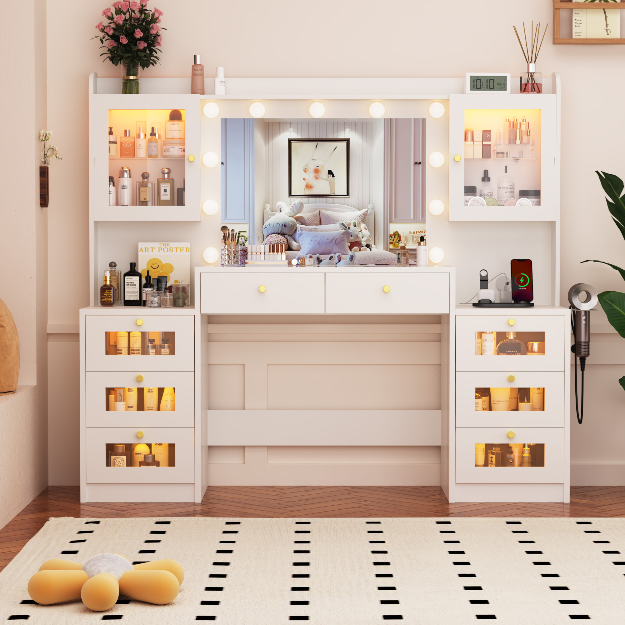 ChVans 62'' Large Vanity Desk with Tempered Glass Top, 11 LED Bulbs, Charging Station, Bedroom Makeup Vanity with 3 Lights Mode LED Mirror, 6 Translucent Drawers, 2 RGB cabinets for Women, Girls Gift