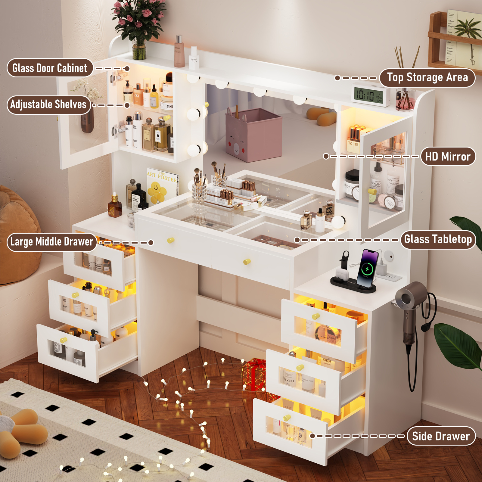 ChVans 62'' Large Vanity Desk with Tempered Glass Top, 11 LED Bulbs, Charging Station, Bedroom Makeup Vanity with 3 Lights Mode LED Mirror, 6 Translucent Drawers, 2 RGB cabinets for Women, Girls Gift